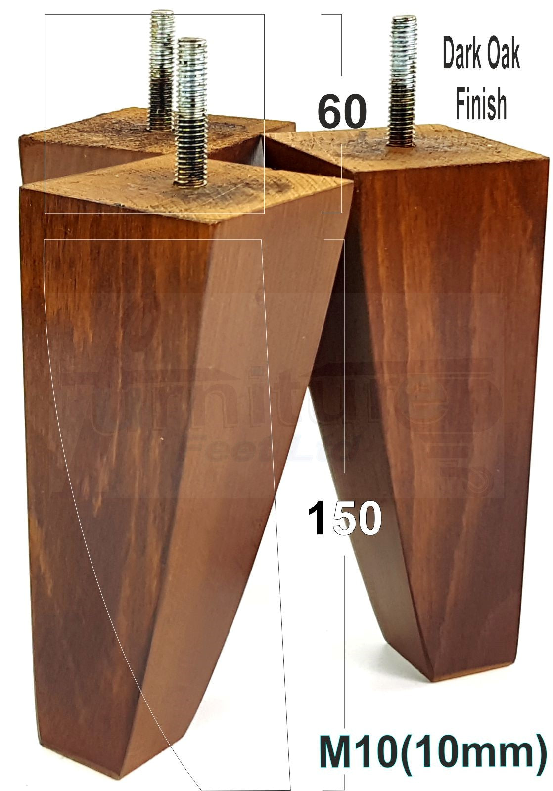 4x Tapered Square Furniture Legs Sofa Feet M10 Thread for Chairs, Settees 150mm High