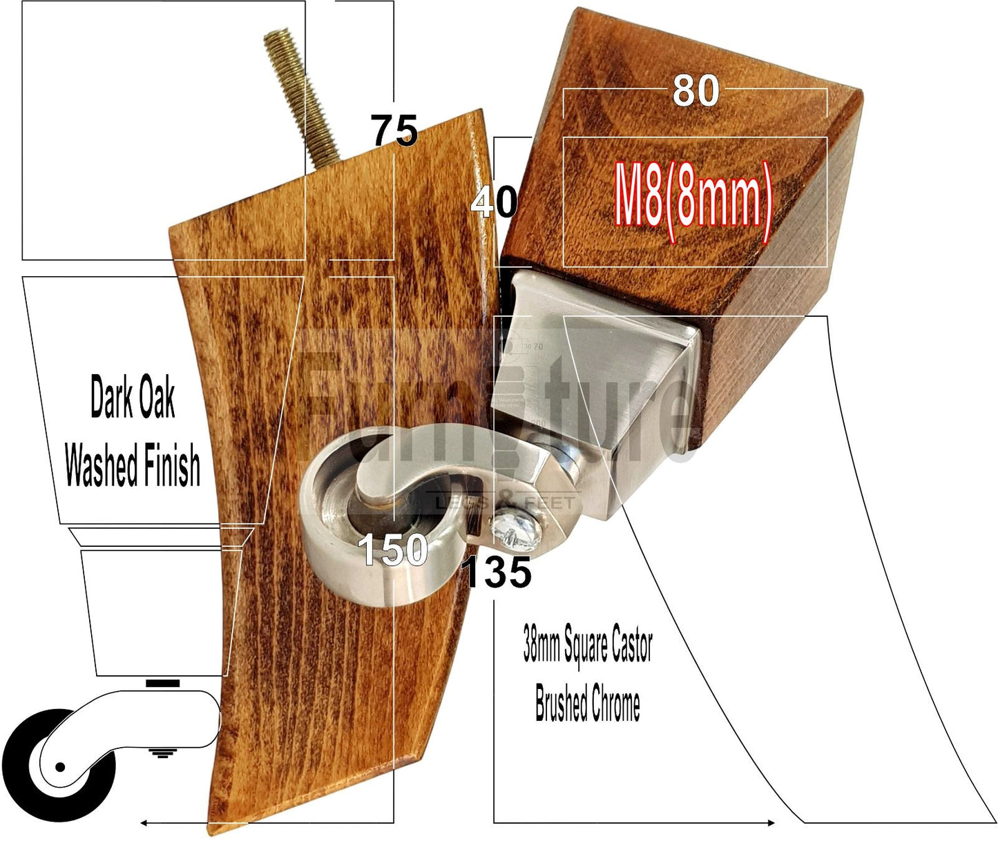 Set Of 4 Block Wood Furniture Feet With Antique Castor 8mm Thread For Chairs Settees Sofa 150mm High