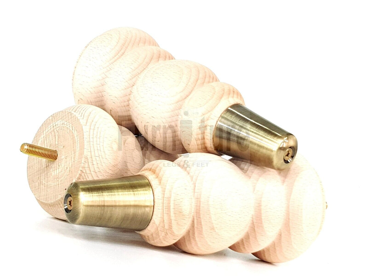 4x Round and Turned Wood Furniture Legs With Brass Slipper Cups Replacement Feet 185mm High 8mm Thread