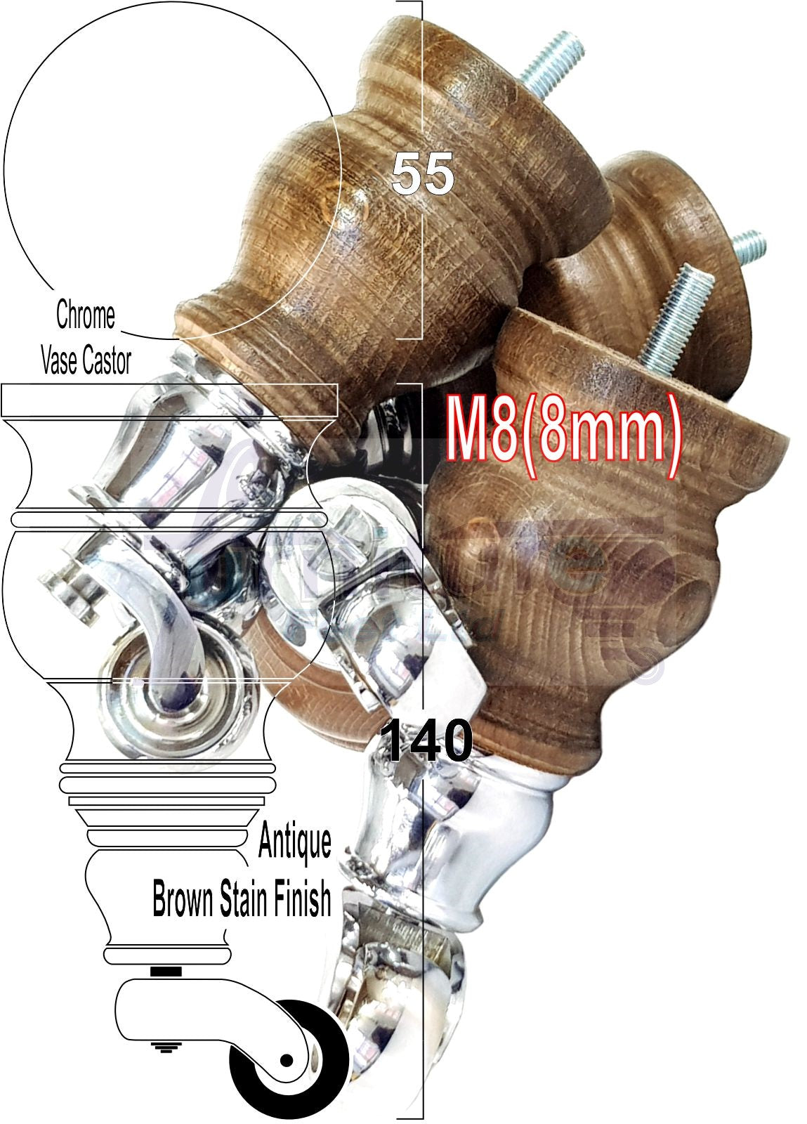 4x Turned Wood Furniture Legs With Chrome Castor Wheels 150mm High M8(8mm)