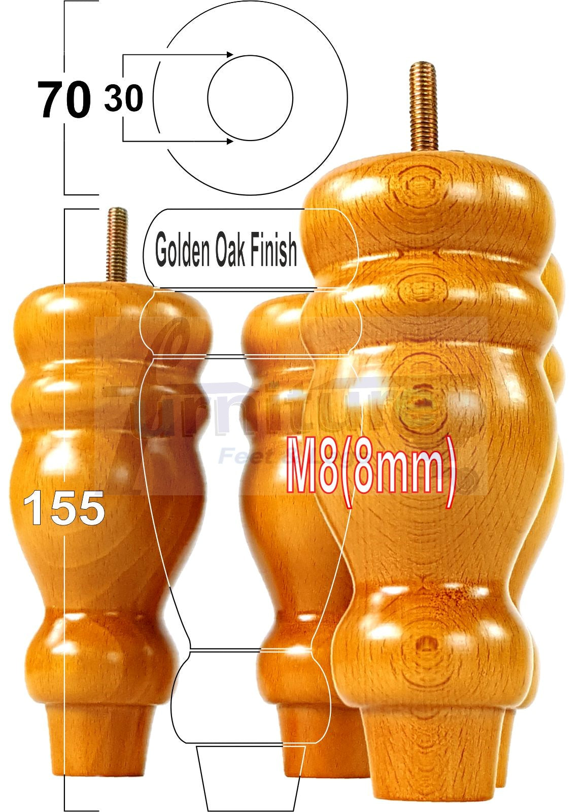 Set Of 4 Turned Wood Furniture Replacement Feet 155mm High 8mm Tread