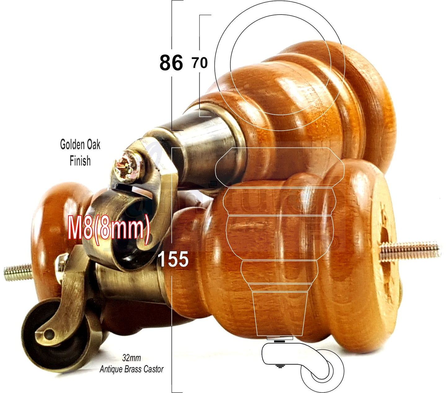 4 Turned Wood Furniture Feet With Antique Brass Castors 155mm Legs Sofas Chairs Stools Cabinets Beds M8 6 Inches