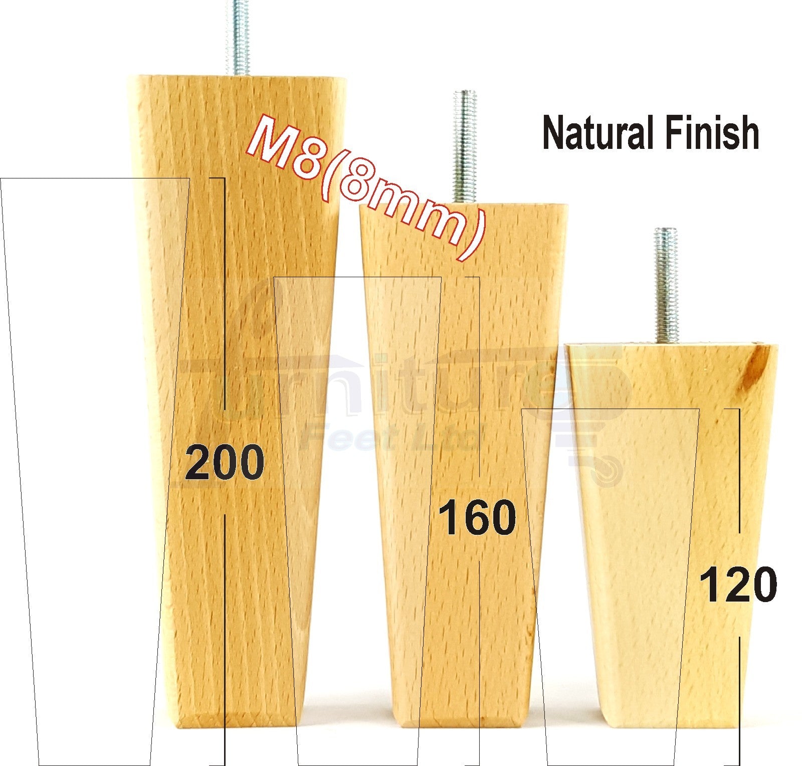 4x Wooden Furniture Legs 170mm High Replacement Square Tapered Feet 8mm