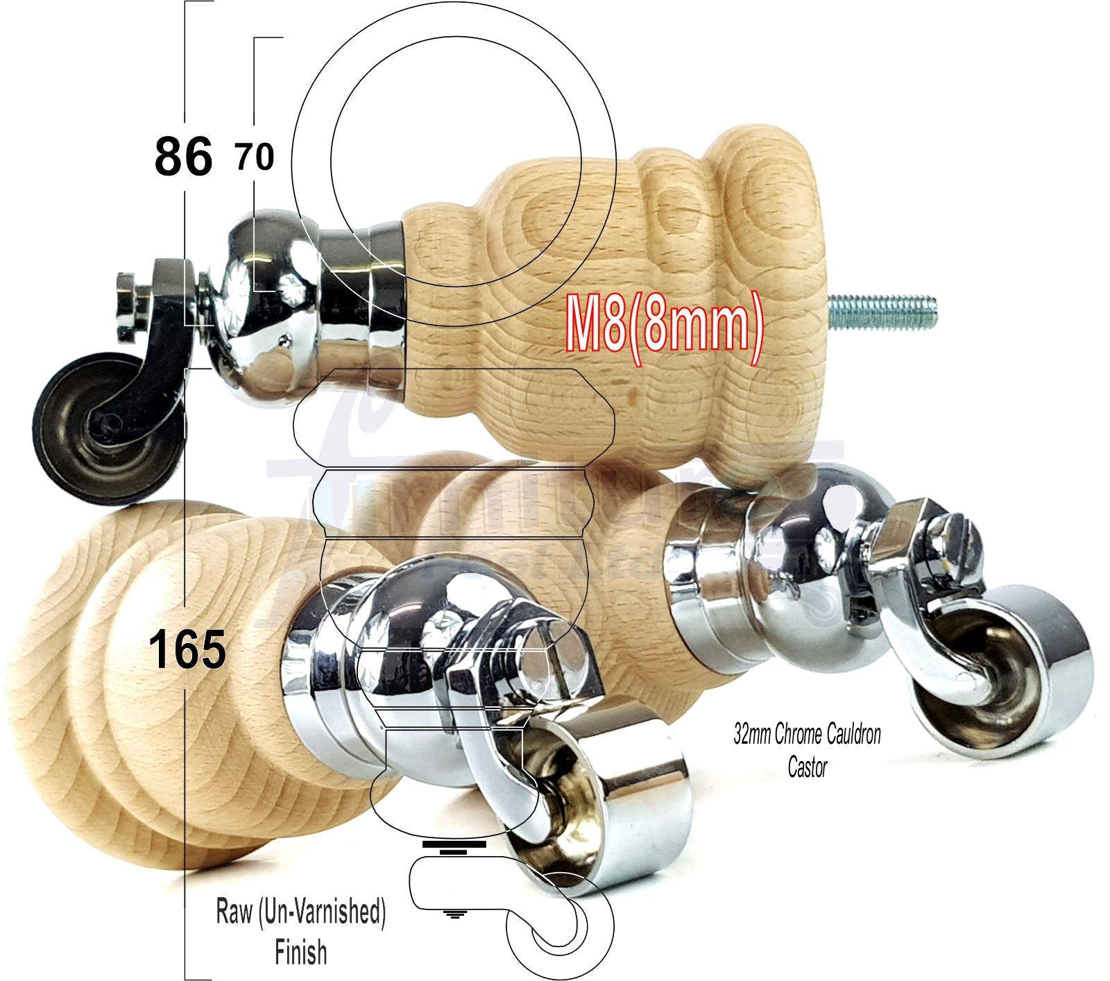 4 Turned Wood Furniture Feet With Chrome Cauldron Castors 155mm Legs Sofas Chairs Stools Cabinets Beds M8 6 Inches