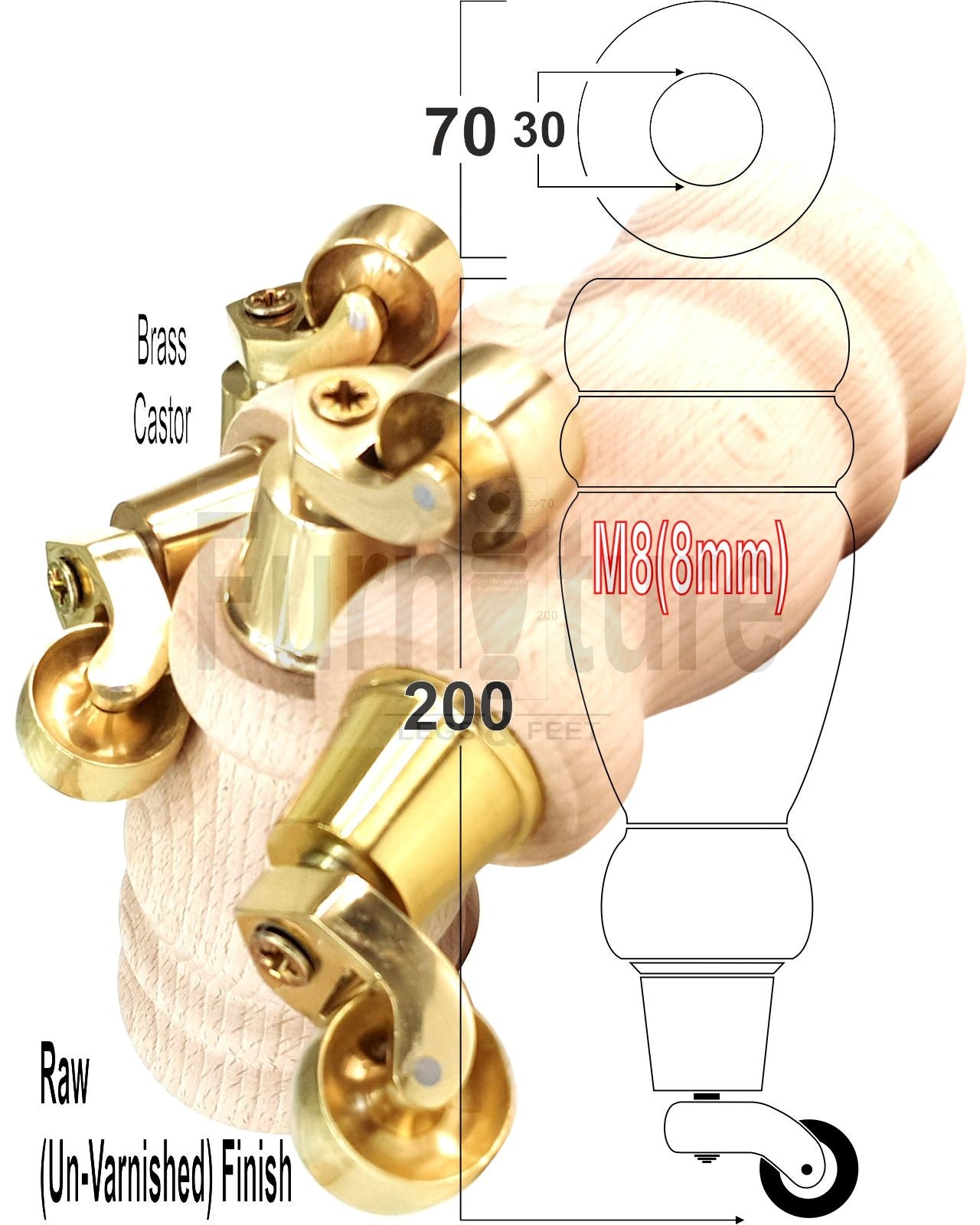 Set Of 4 Wooden Turned Replacement Furniture Legs 200mm High With Antique Brass Castor Wheels 8mm Thread