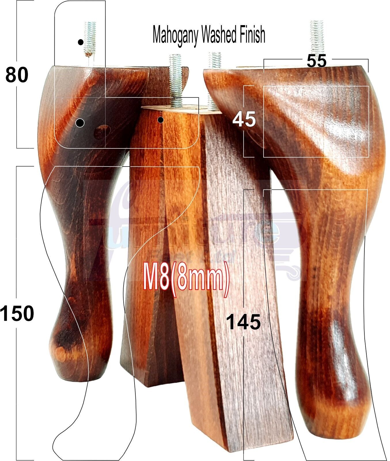 2x Vintage Queen Anne Replacement Furniture Legs & 2x Curved Back Feet 150mm 6 Inch High 8mm Thread