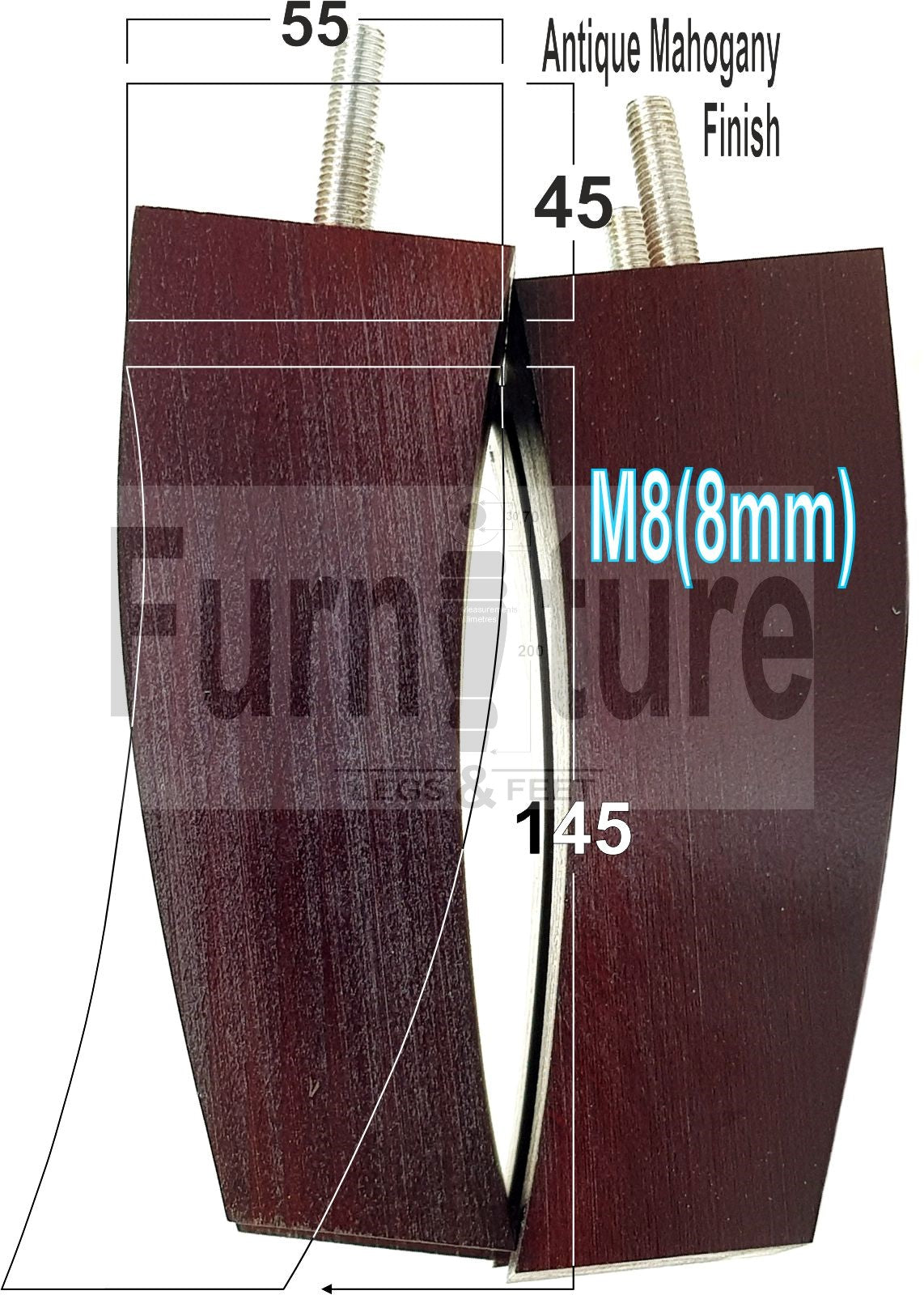 Set Of 4 Solid Wood Curved Furniture Feet Replacement Legs 145mm High M8(8mm)