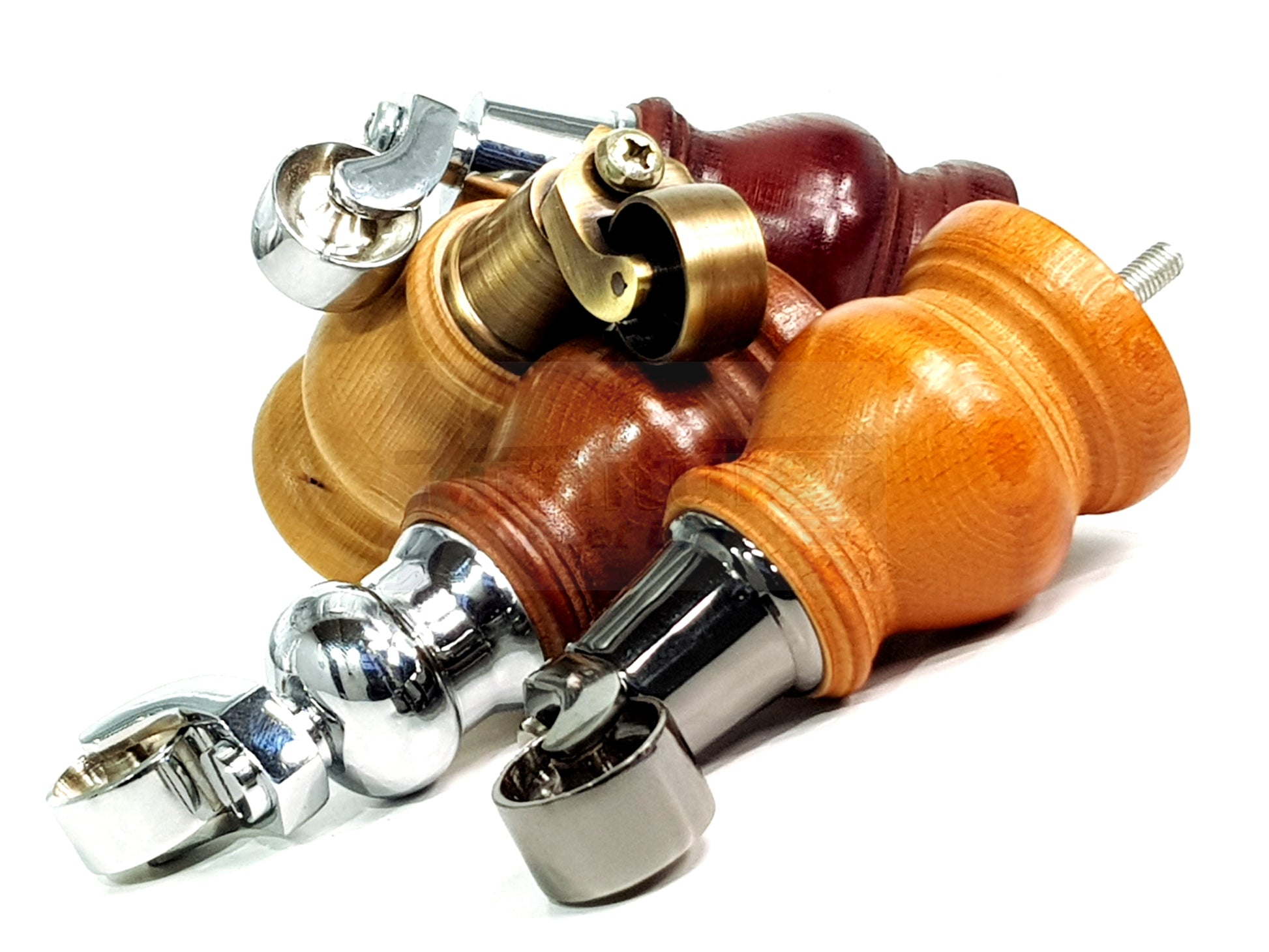 Set Of 4 Turned Wood Furniture Legs With 150mm High Castor 8mm Thread For Chairs Settees & Cabinets Dark Oak Finish