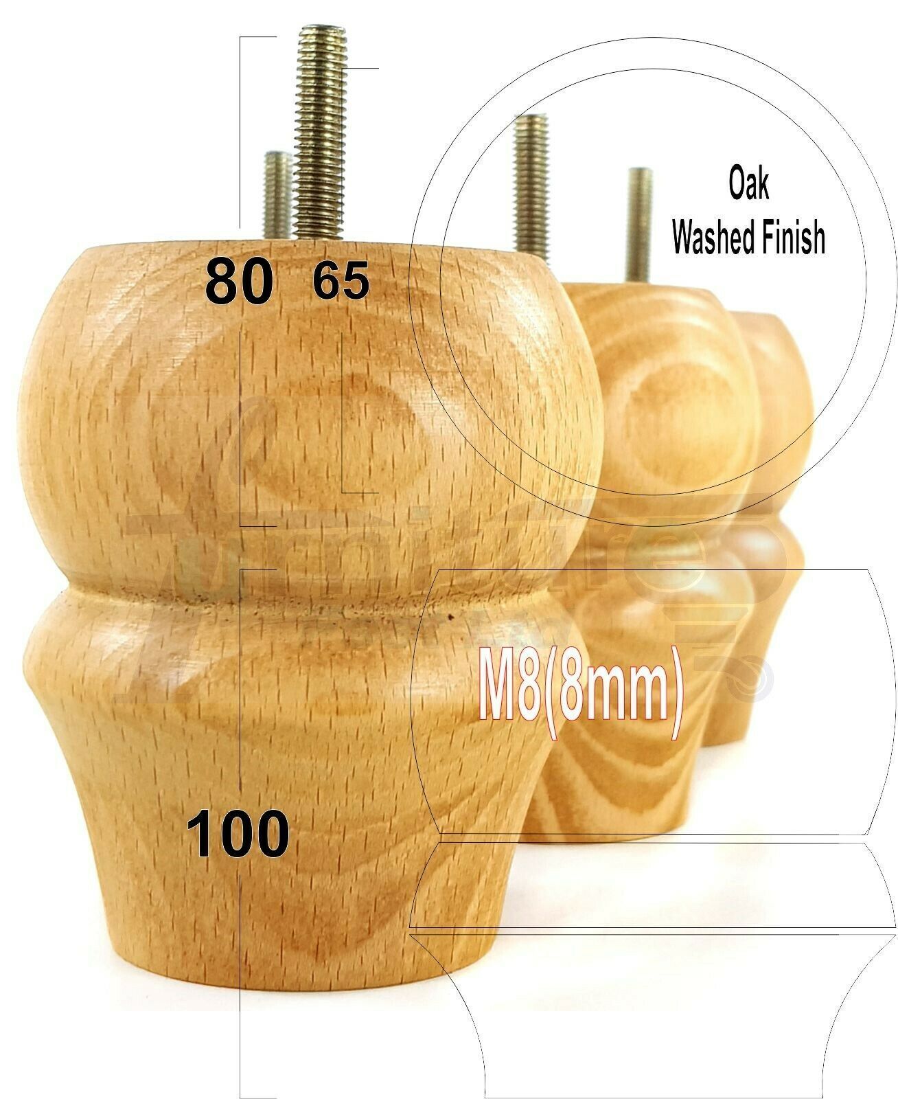 Set Of 4 Solid Wood Turned Furniture Legs Replacement Bun Feet 100mm High 8mm Thread  