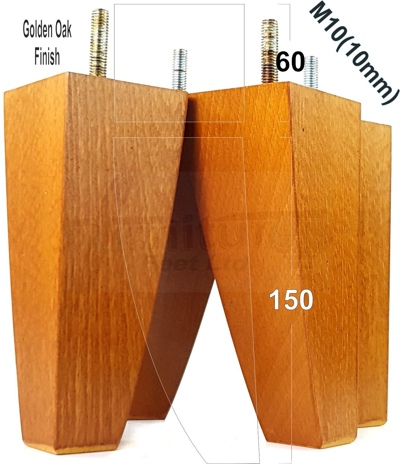 4x Tapered Square Furniture Legs Sofa Feet M10 Thread for Chairs, Settees 150mm High