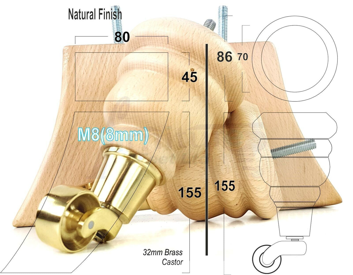 Turned Natural Wood Furniture Feet 2 With Castors 155mm and 2 Curved Back Legs Sofas Chairs Stools Cabinets Beds M8 6 Inches