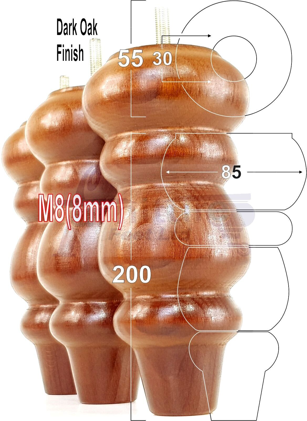 Solid Wood Furniture Feet Replacement Turned Legs 200mm High Chairs Stools Sofa's Beds Settee Cabinets M8 Various Colours Set of 4