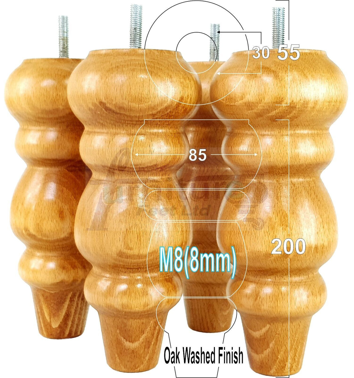 4 Solid Wood Furniture Legs Replacement Turned Chair Feet 200mm High M8 Threaded Dowl