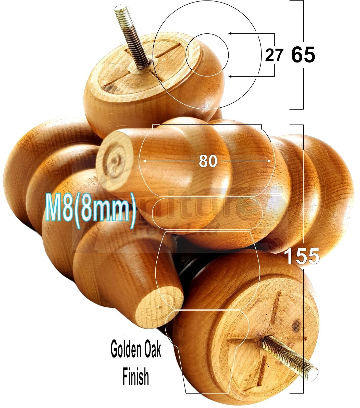 4 Solid Turned Wood Furniture Sofa Leg M8 Chair Settee Footstool Feet 155mm High