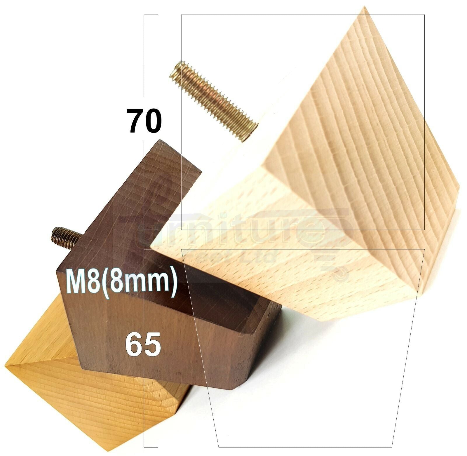 Set Of 4 Solid Wood Square Block Furniture Feet Replacement Legs 65mm High M8(8mm)