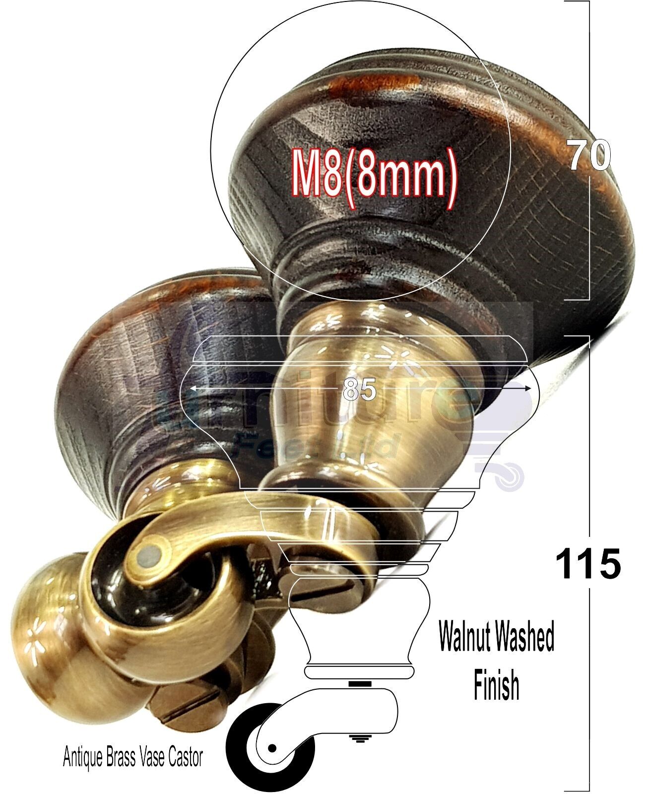 4x Dark Walnut Washed Wooden Furniture Sofa Legs M8 With Castors Replacement Chair Settee Feet 115mm - 125mm High