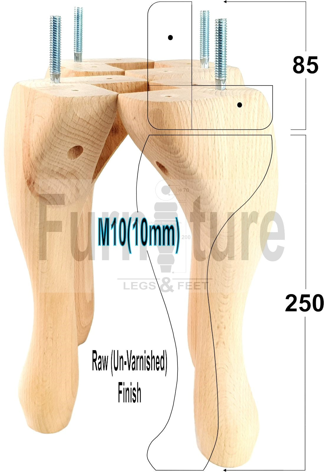 4 Replacement Traditional Queen Anne Furniture Leg 250mm High Sofa Chair Beds M10 Thread