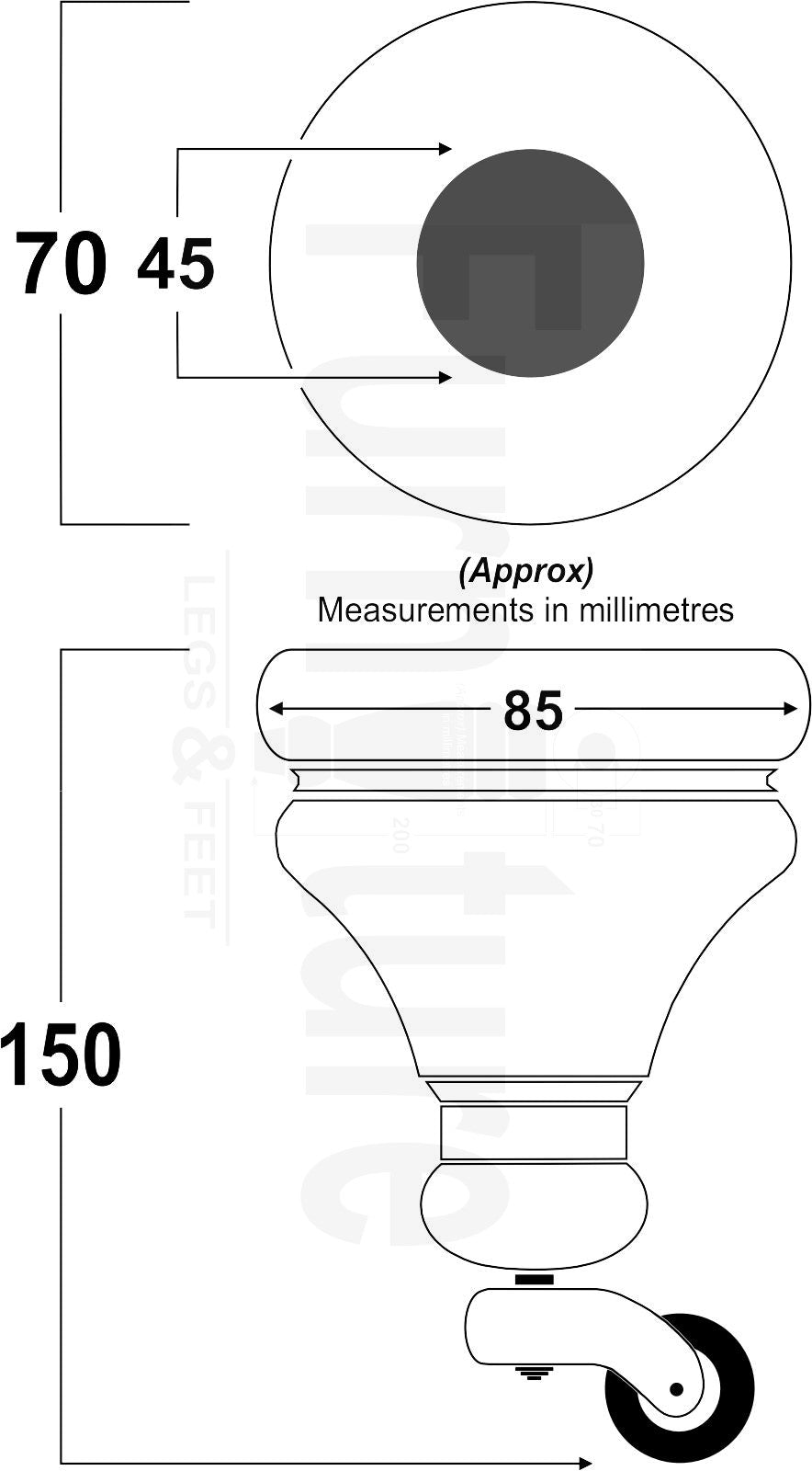 Set Of 4 Turned Furniture Wood Feet With Brass Castors 150mm Sofas Chairs Settee Cabinets Beds M8(8mm)