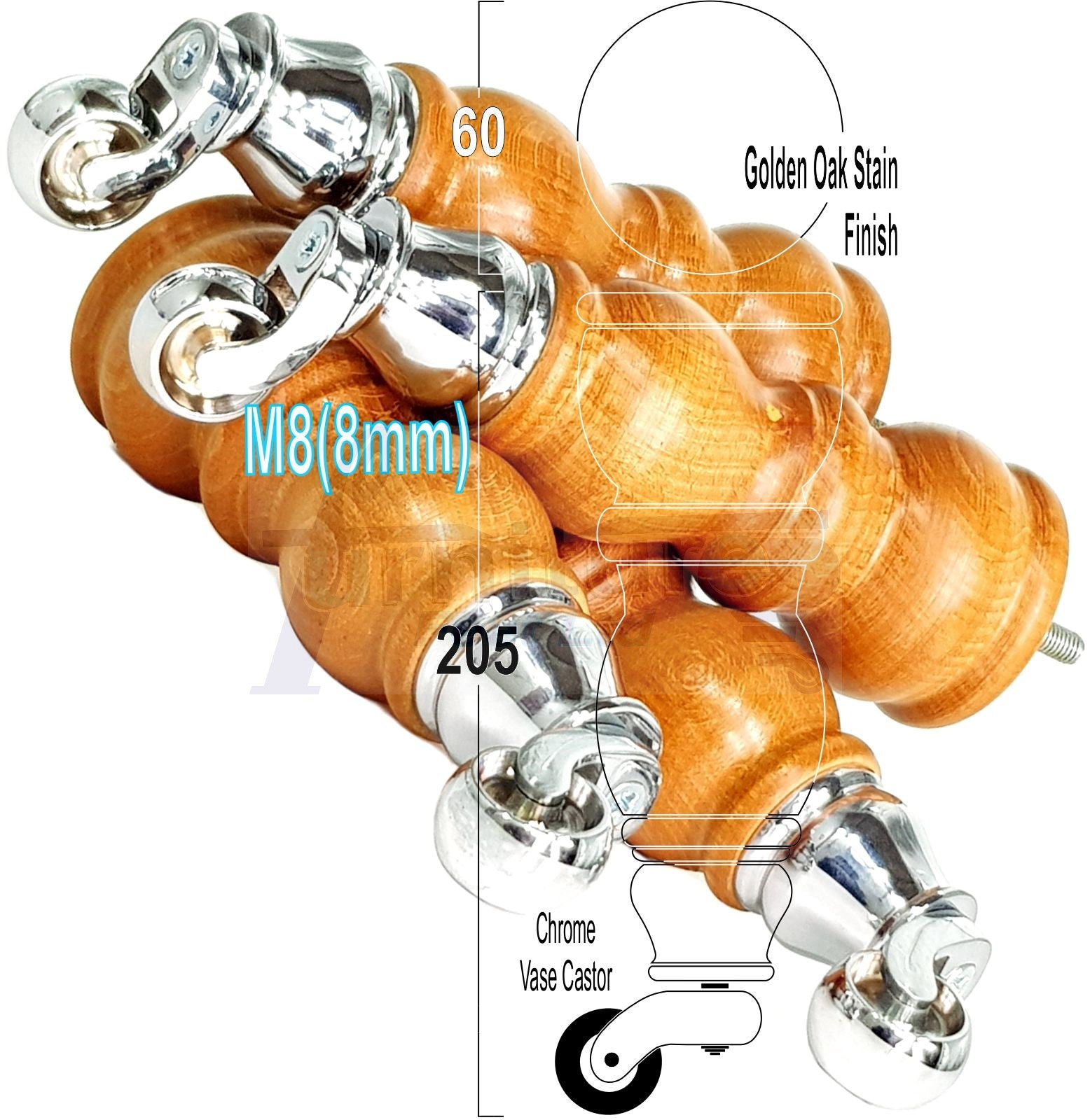 Solid Wood Furniture Feet With Castors Set of 4 Legs 205mm High For Sofas Chairs Stools Cabinets & Beds M8