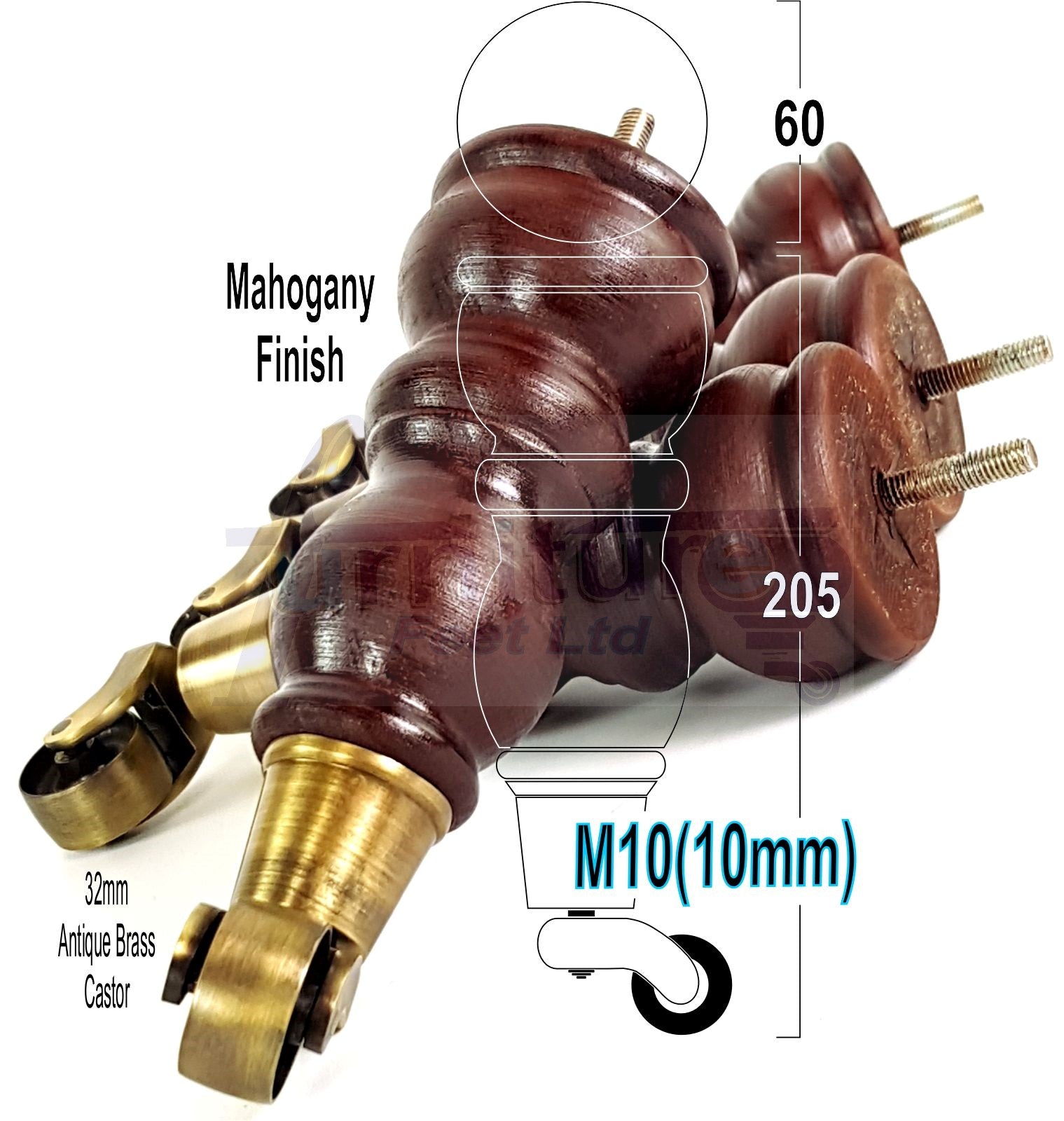 Solid Wood Furniture Feet With Castors Set of 4 Legs 205mm High For Sofas Chairs & Beds M10 Thread
