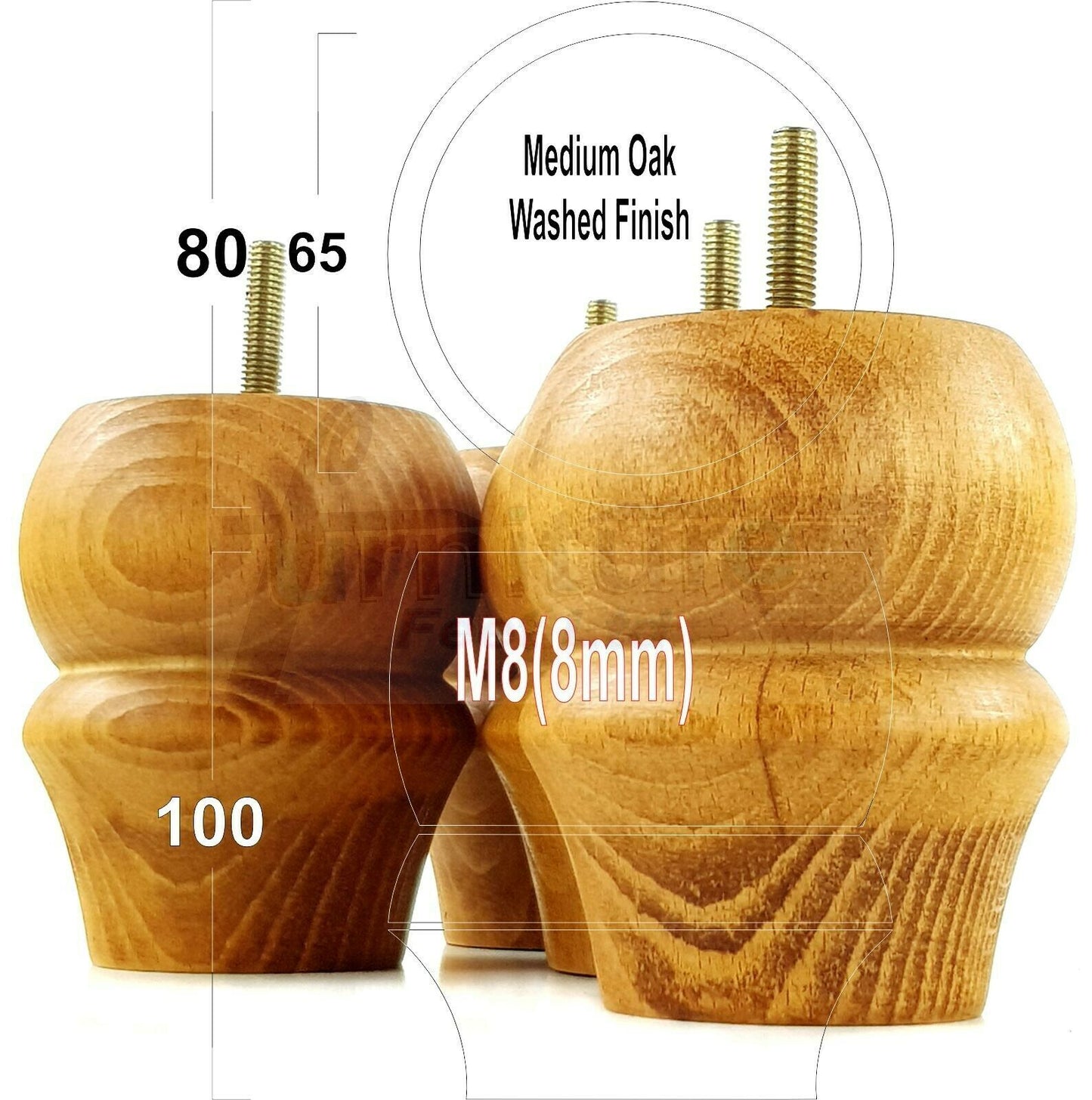 Set Of 4 Solid Wood Turned Furniture Legs Replacement Bun Feet 100mm High 8mm Thread  
