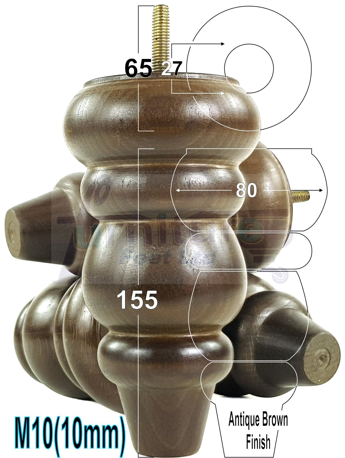 4x Turned Wood Furniture Legs Round Replacement Sofa Feet 155mm High M10 Fixing