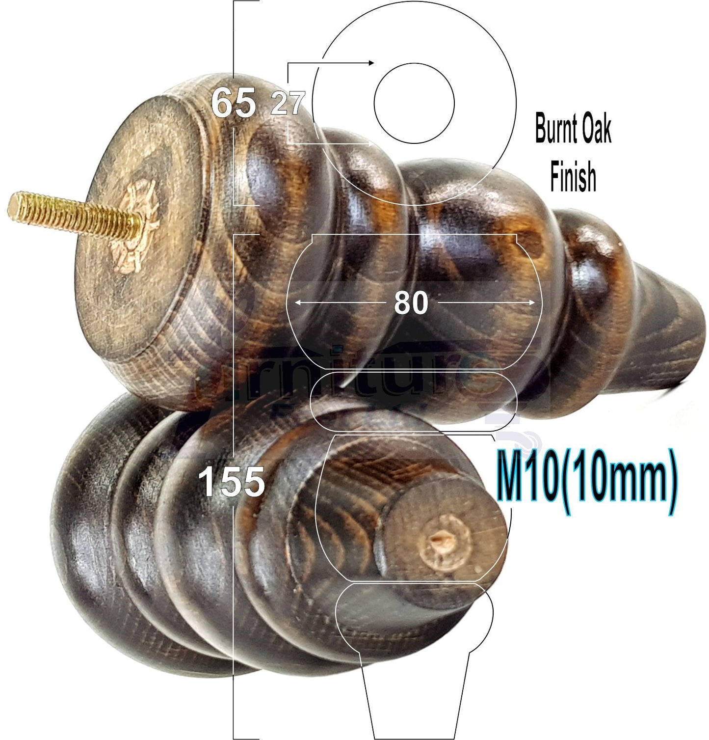 4x Turned Wood Furniture Legs Round Replacement Sofa Feet 155mm High M10 Fixing