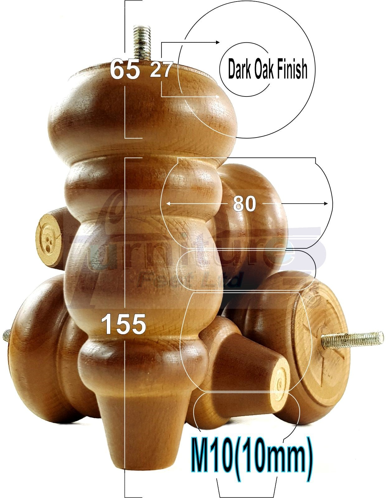 4x Turned Wood Furniture Legs Round Replacement Sofa Feet 155mm High M10 Fixing