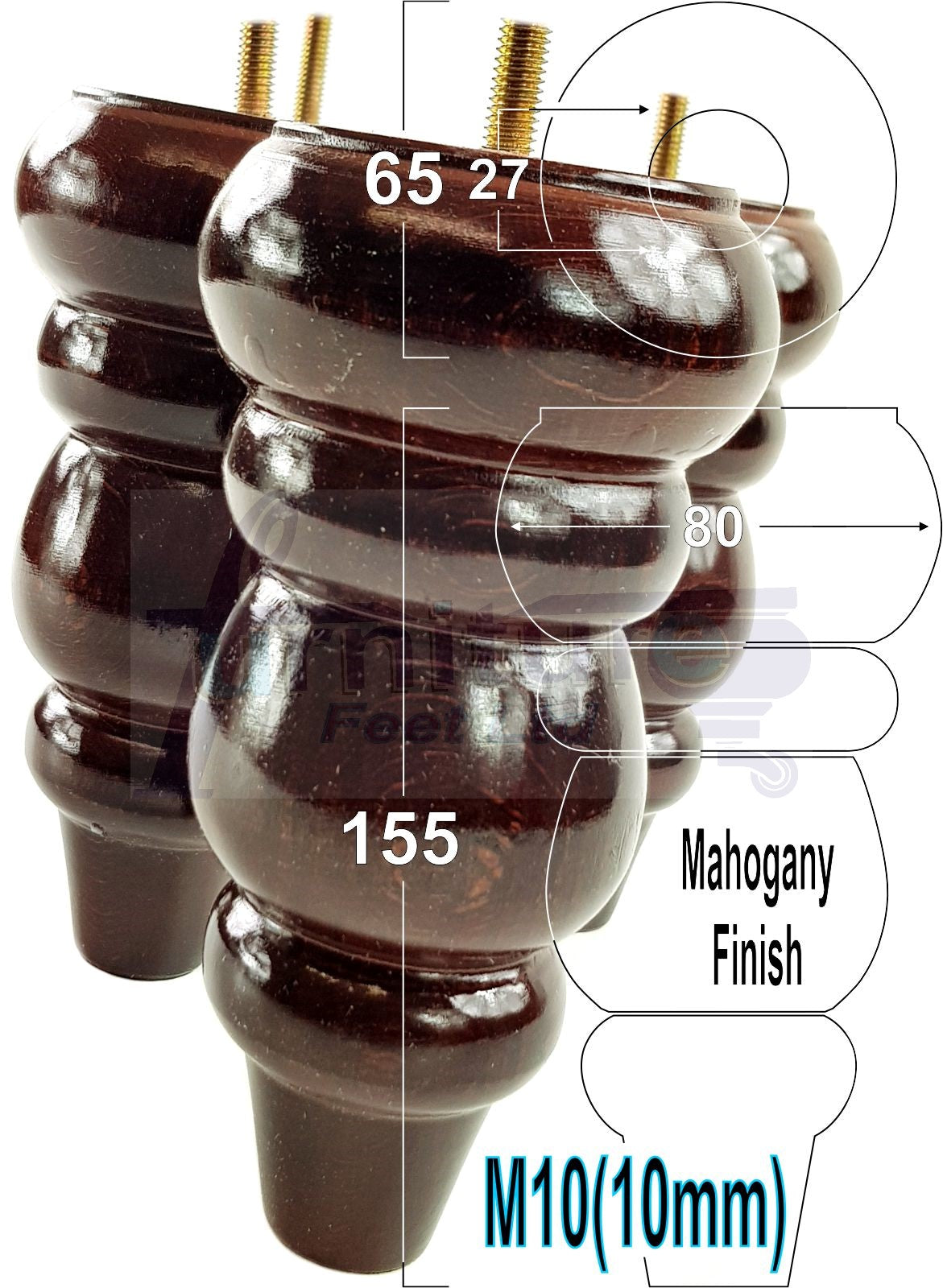 4x Turned Wood Furniture Legs Round Replacement Sofa Feet 155mm High M10 Fixing
