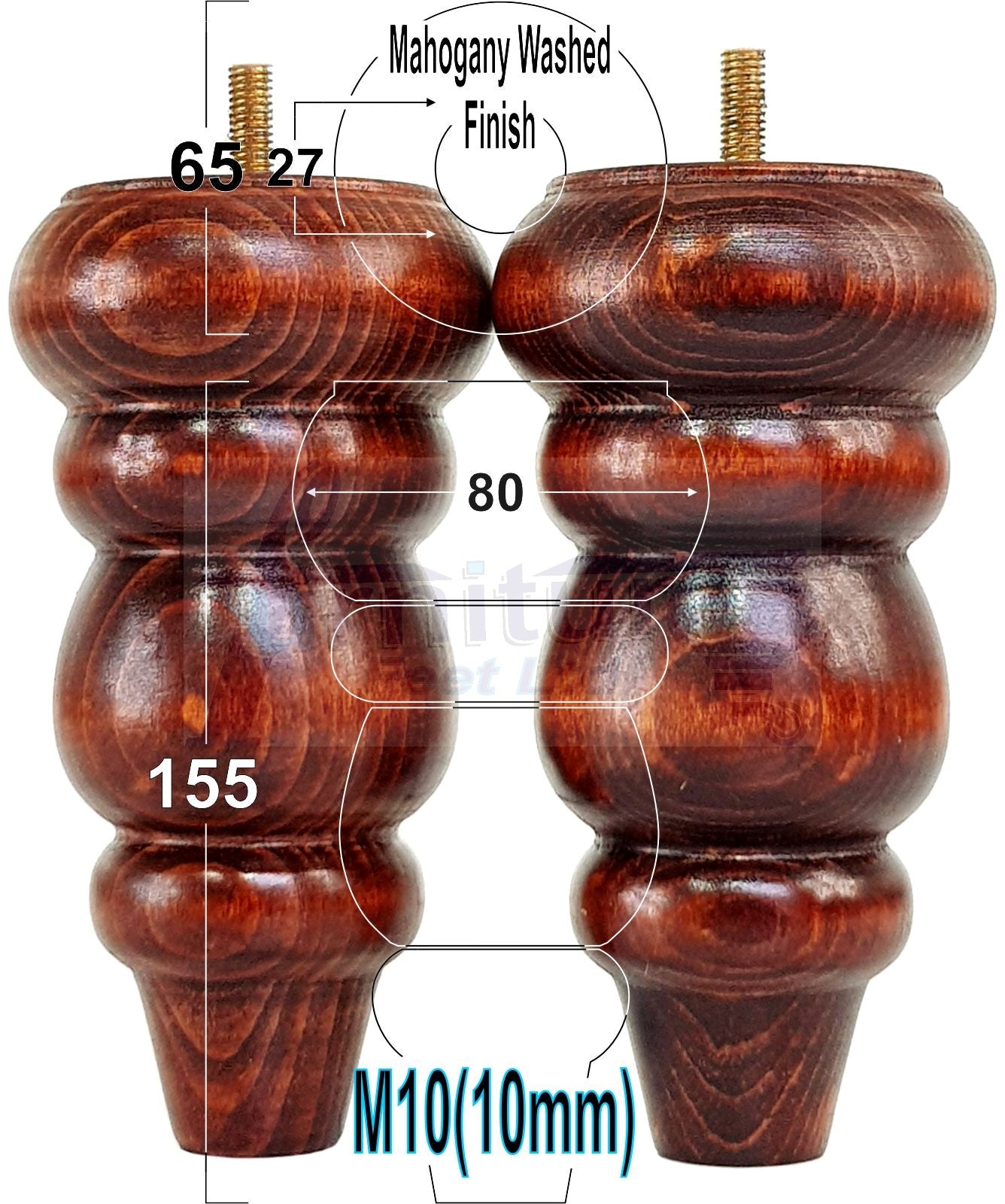 4x Turned Wood Furniture Legs Round Replacement Sofa Feet 155mm High M10 Fixing
