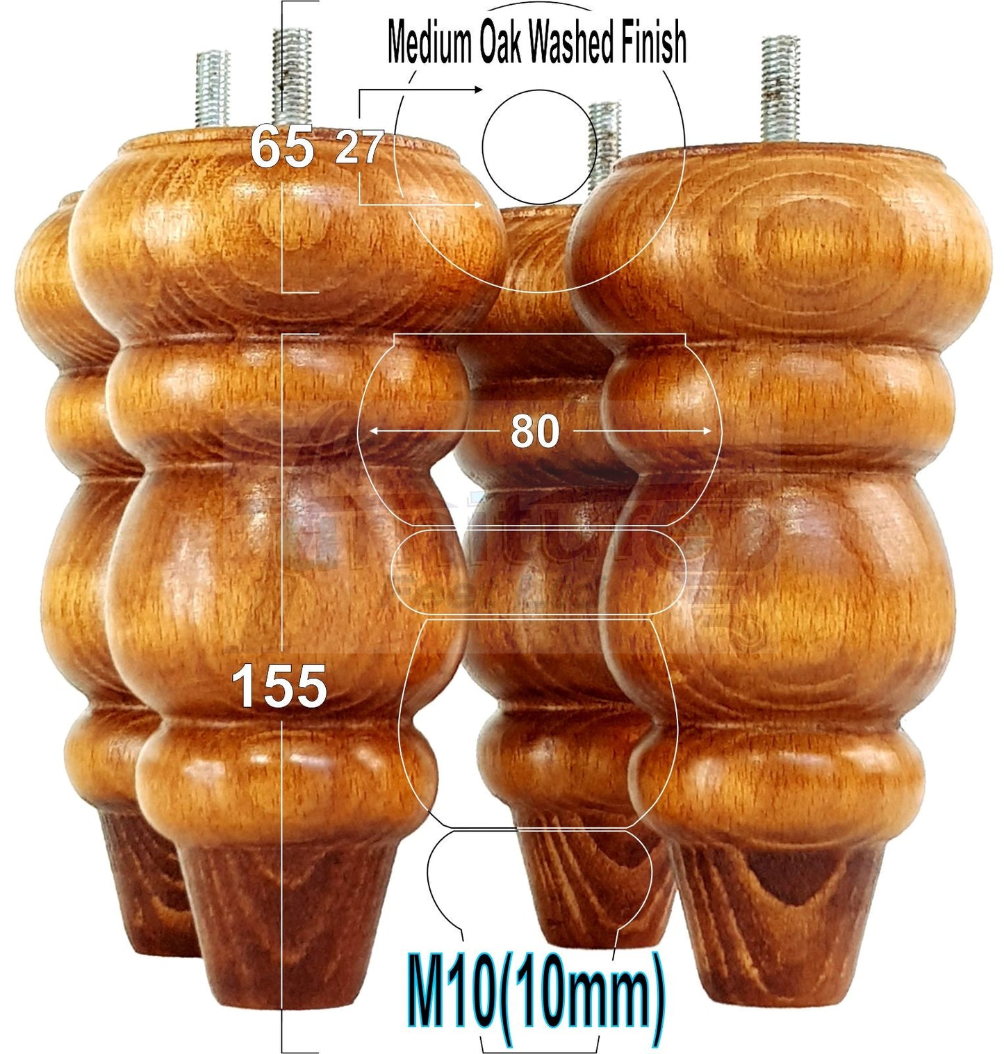 4x Turned Wood Furniture Legs Round Replacement Sofa Feet 155mm High M10 Fixing