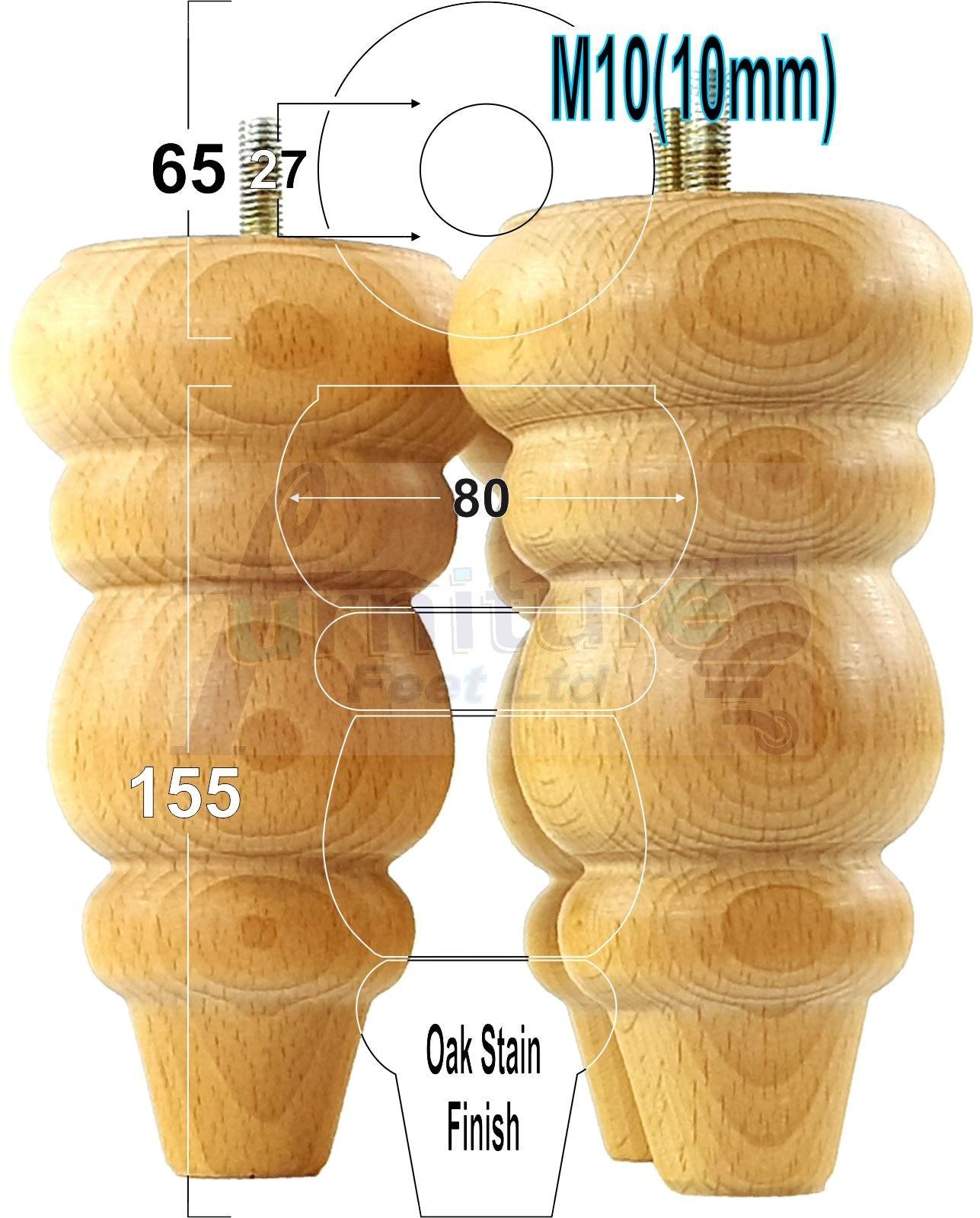 4x Turned Wood Furniture Legs Round Replacement Sofa Feet 155mm High M10 Fixing