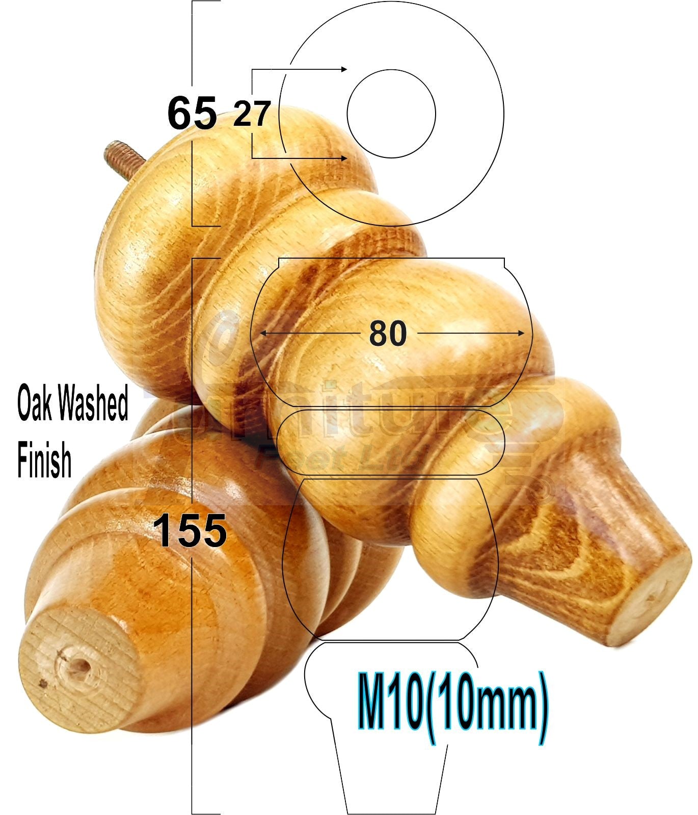 4x Turned Wood Furniture Legs Round Replacement Sofa Feet 155mm High M10 Fixing