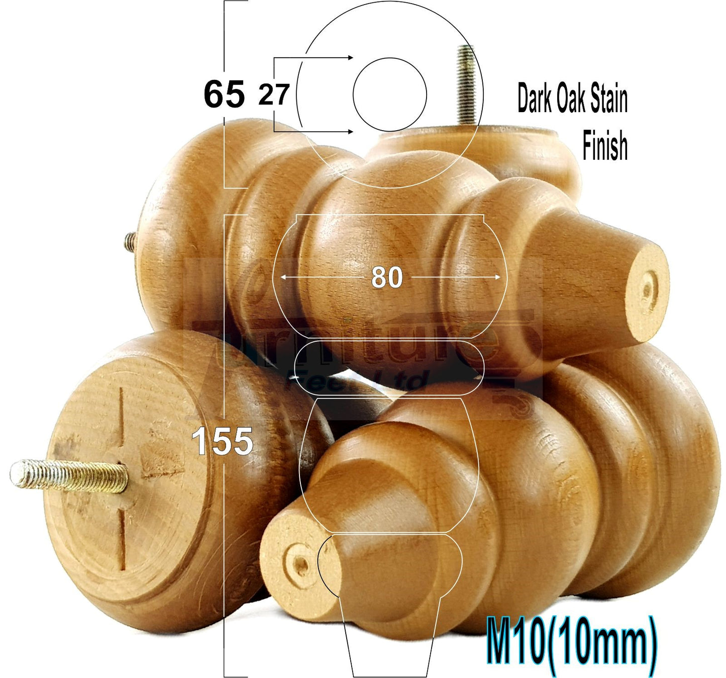 4x Turned Wood Furniture Legs Round Replacement Sofa Feet 155mm High M10 Fixing