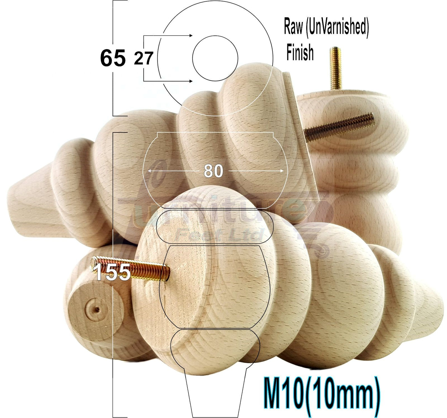4x Turned Wood Furniture Legs Round Replacement Sofa Feet 155mm High M10 Fixing