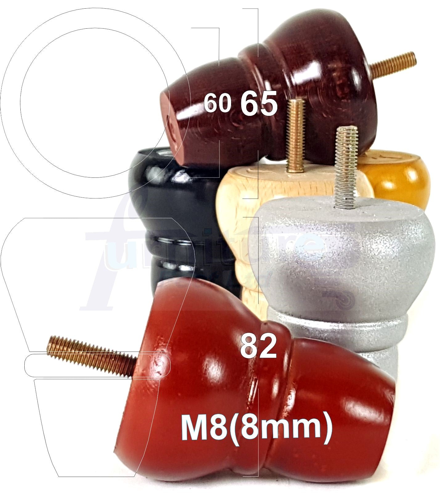 4x Turned Wood Repacement Furniture Legs M8 Dowl Fixing Chair Feet 82mm High