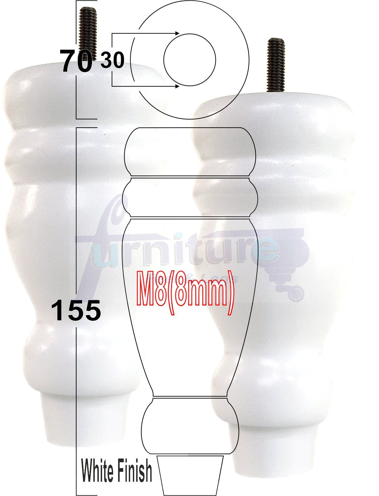 Set Of 4 Turned Wood Furniture Replacement Feet 155mm High 8mm Tread