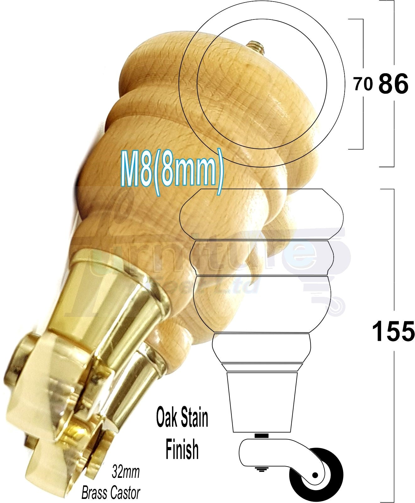 4 Turned Wood Furniture Feet With Brass Castors 155mm Legs Sofas Chairs Stools Cabinets Beds M8 6 Inches