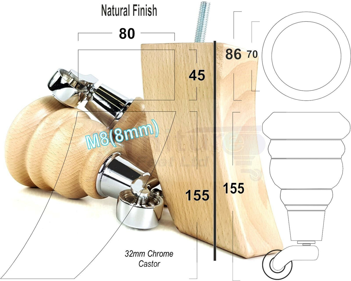 Turned Natural Wood Furniture Feet 2 With Castors 155mm and 2 Curved Back Legs Sofas Chairs Stools Cabinets Beds M8 6 Inches