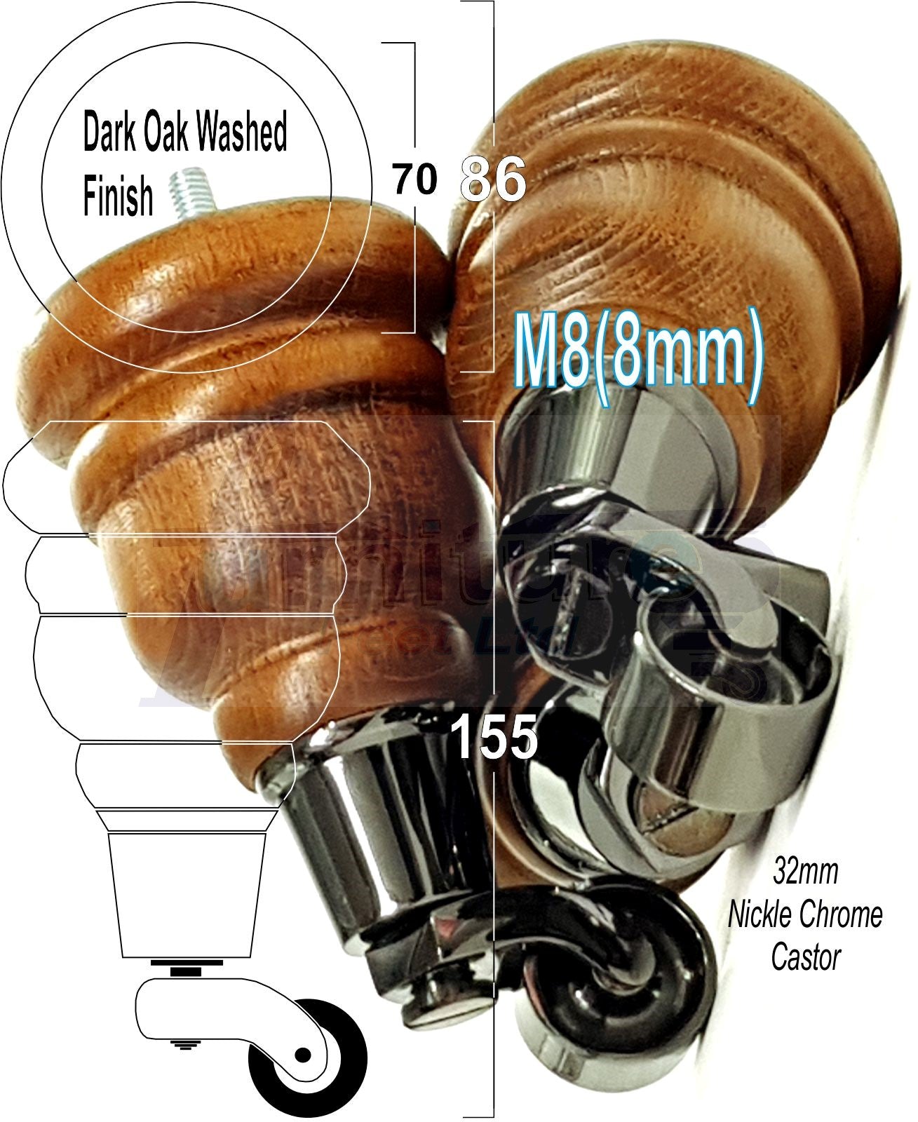 4 Turned Wood Furniture Feet With Black Chrome Castors 155mm Legs Sofas Chairs Stools Cabinets Beds M8 6 Inches