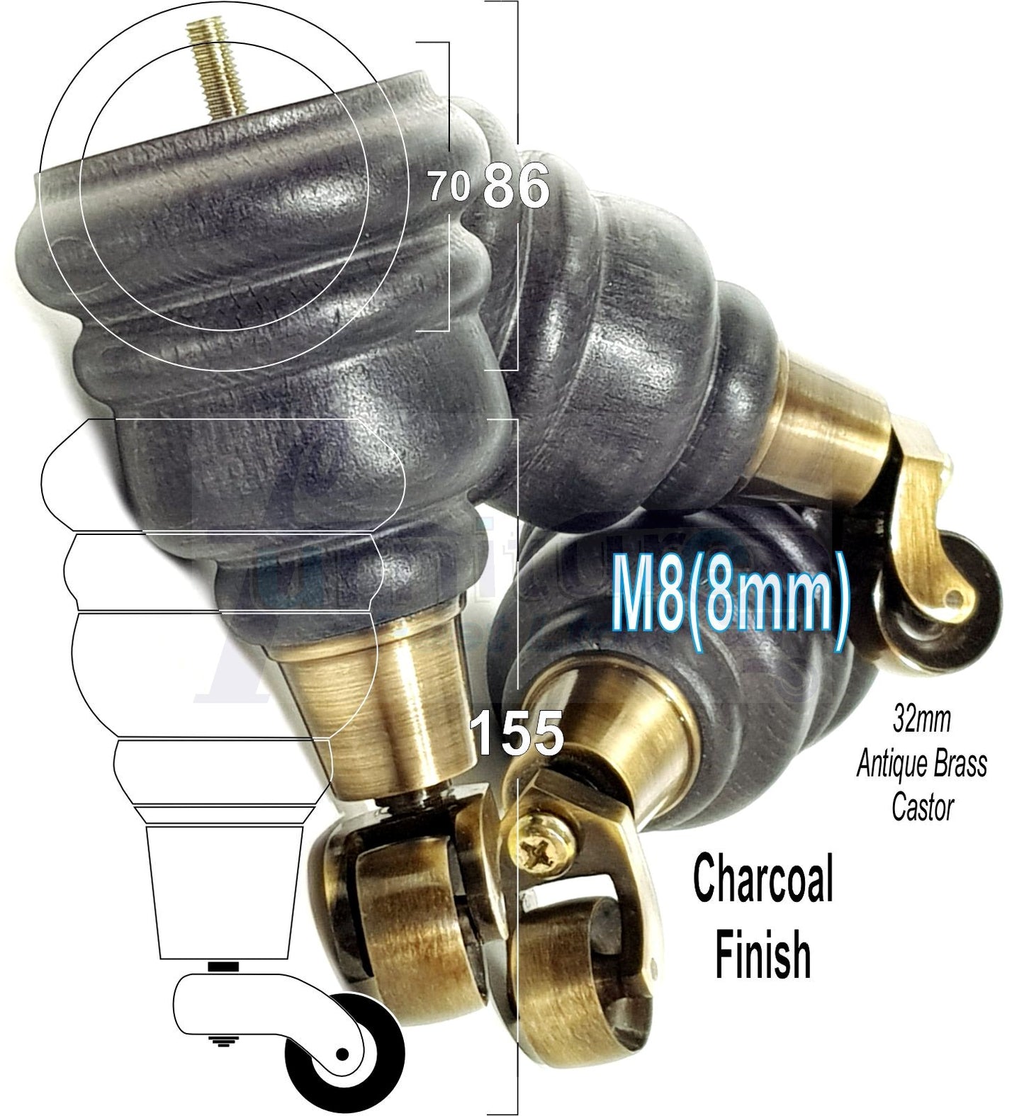 4 Turned Wood Furniture Feet With Antique Brass Castors 155mm Legs Sofas Chairs Stools Cabinets Beds M8 6 Inches