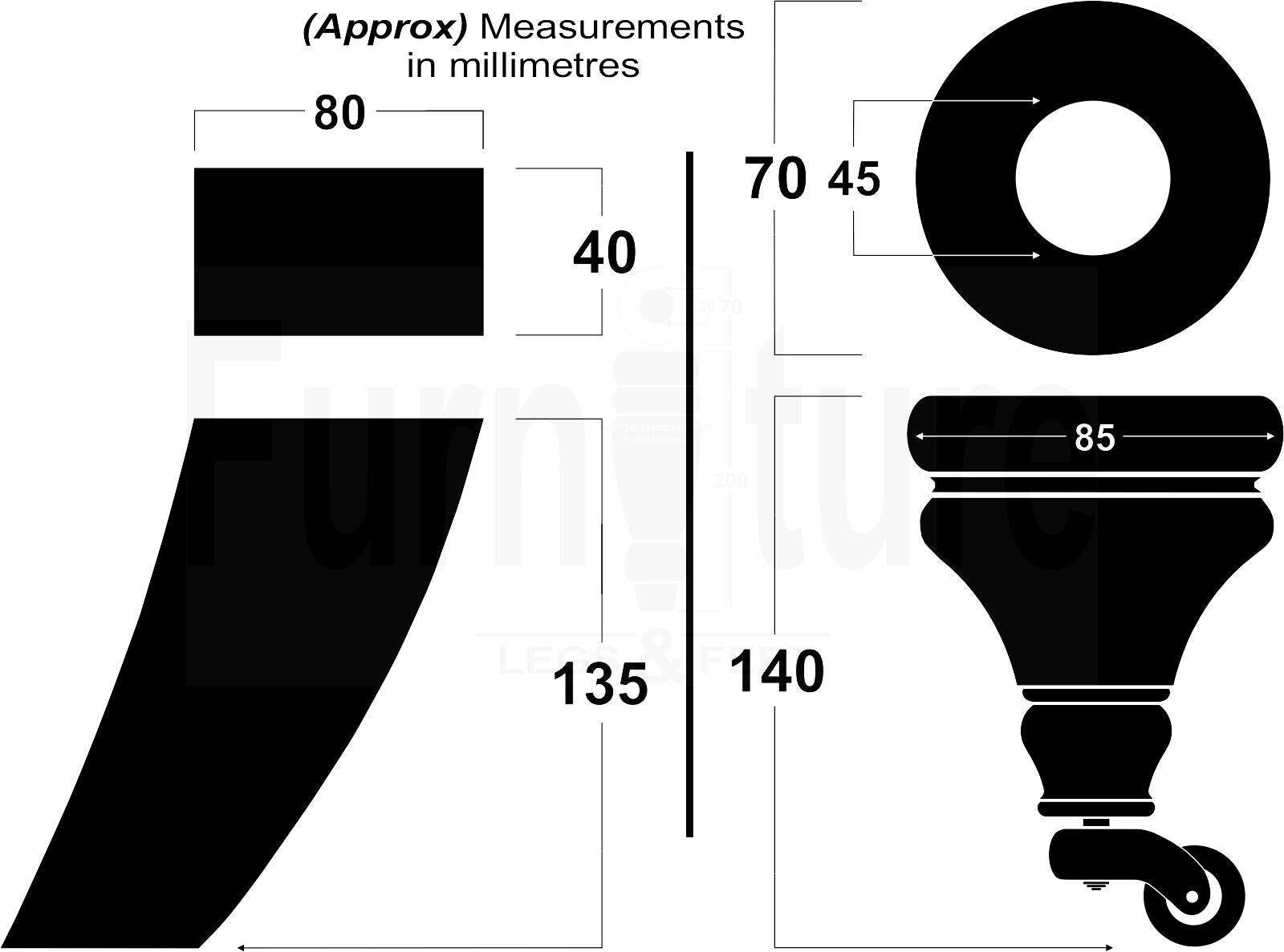 Turned Wood Furniture Feet 2 With Brushed Chrome Castors 140mm & 2 Curved Back Legs Sofas Chairs Stools Cabinets Beds M8