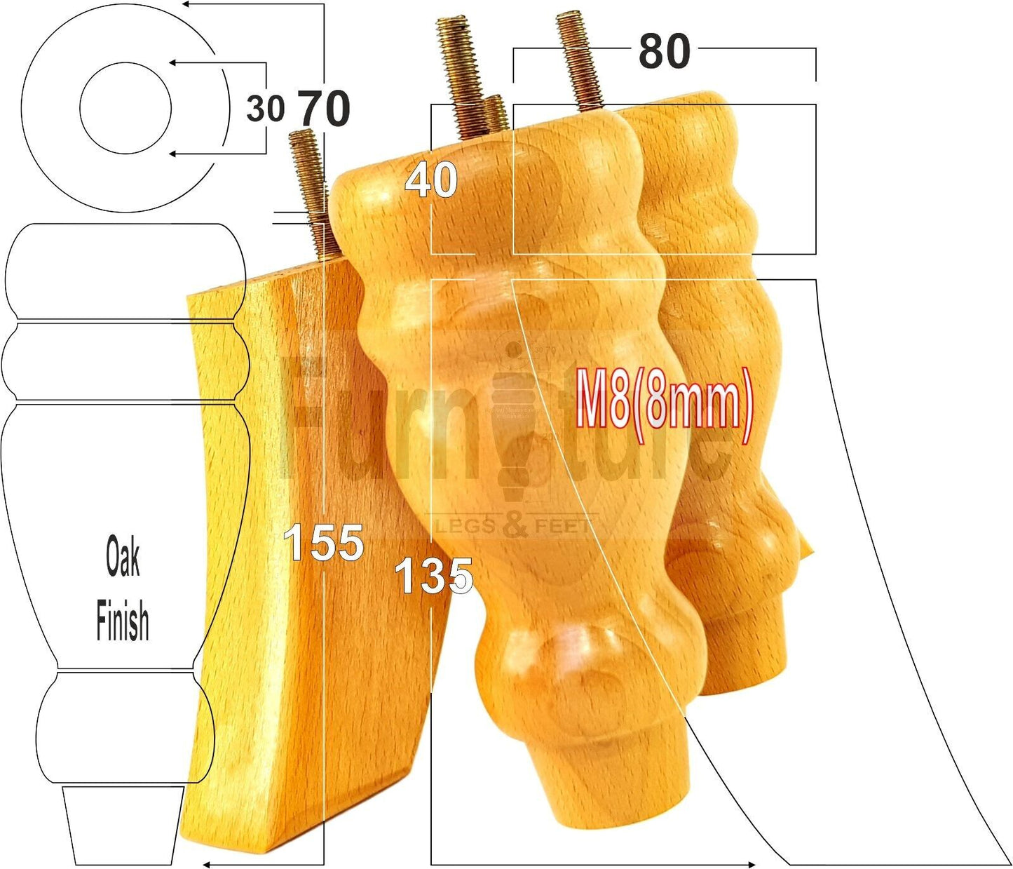 2x Turned Wood Furniture Feet 155mm and 2 Curved Back Legs Sofas Chairs Beds M8 Thread 6 Inches
