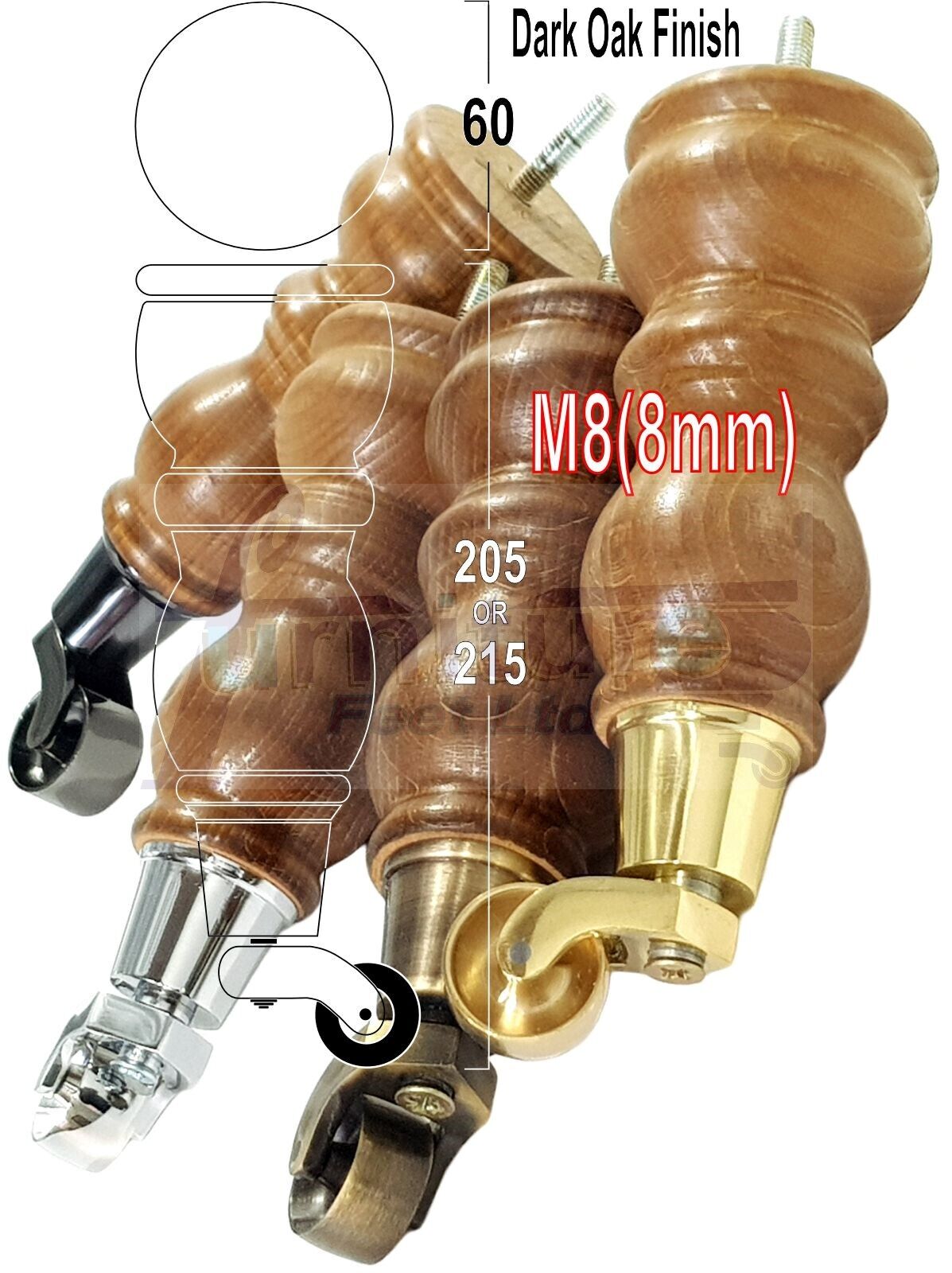 4x Furniture Feet With Castor 205mm High Legs Dark Oak Wood M8 Sofas Chairs Stools Cabinets 8 Inches Tall