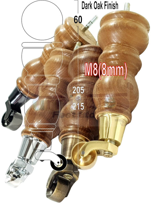 4x Furniture Feet With Castor 205mm High Legs Dark Oak Wood M8 Sofas Chairs Stools Cabinets 8 Inches Tall