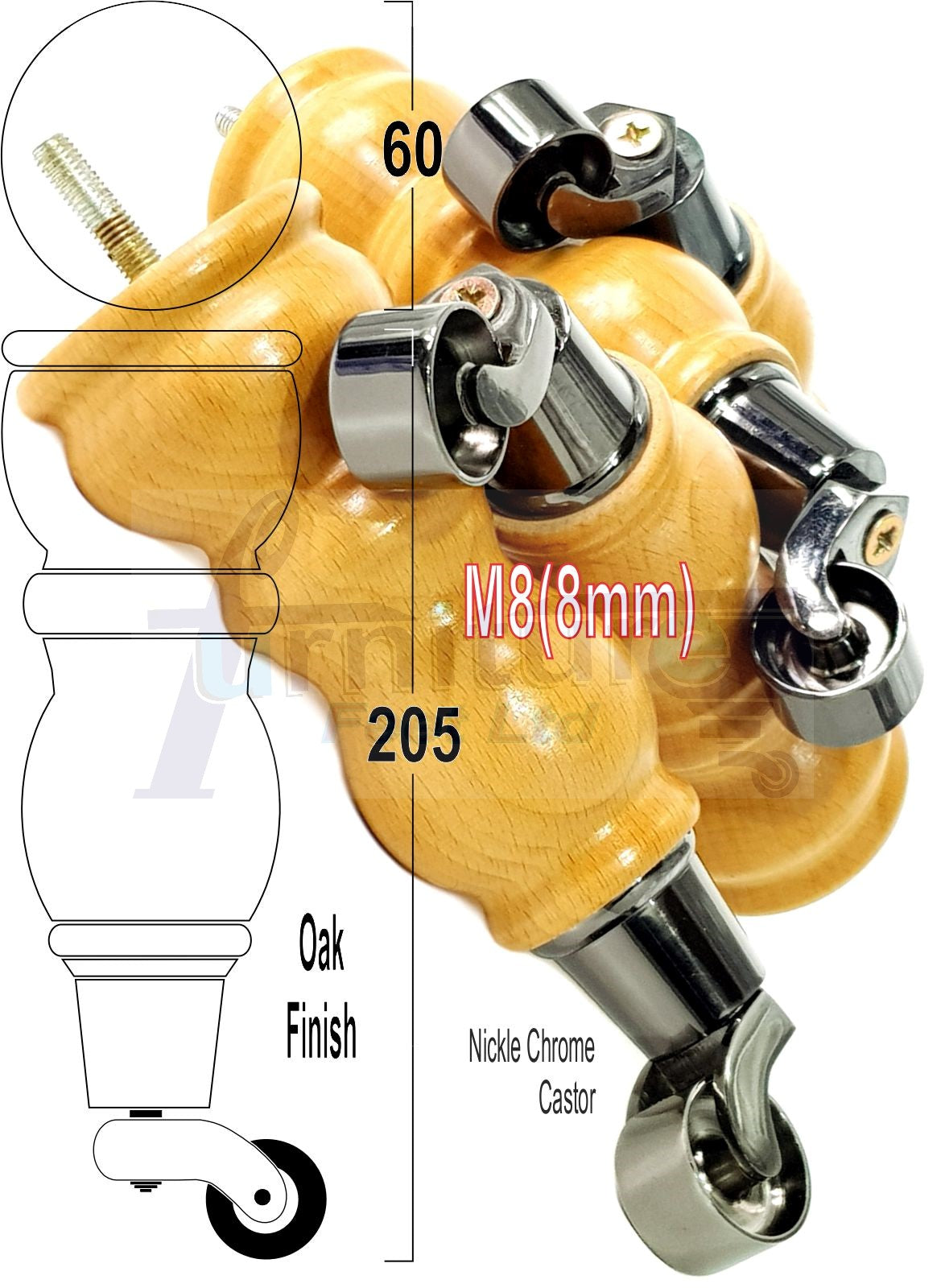 Solid Wood Furniture Feet With Castors Set of 4 Legs 205mm High For Sofas Chairs Stools Cabinets & Beds M8