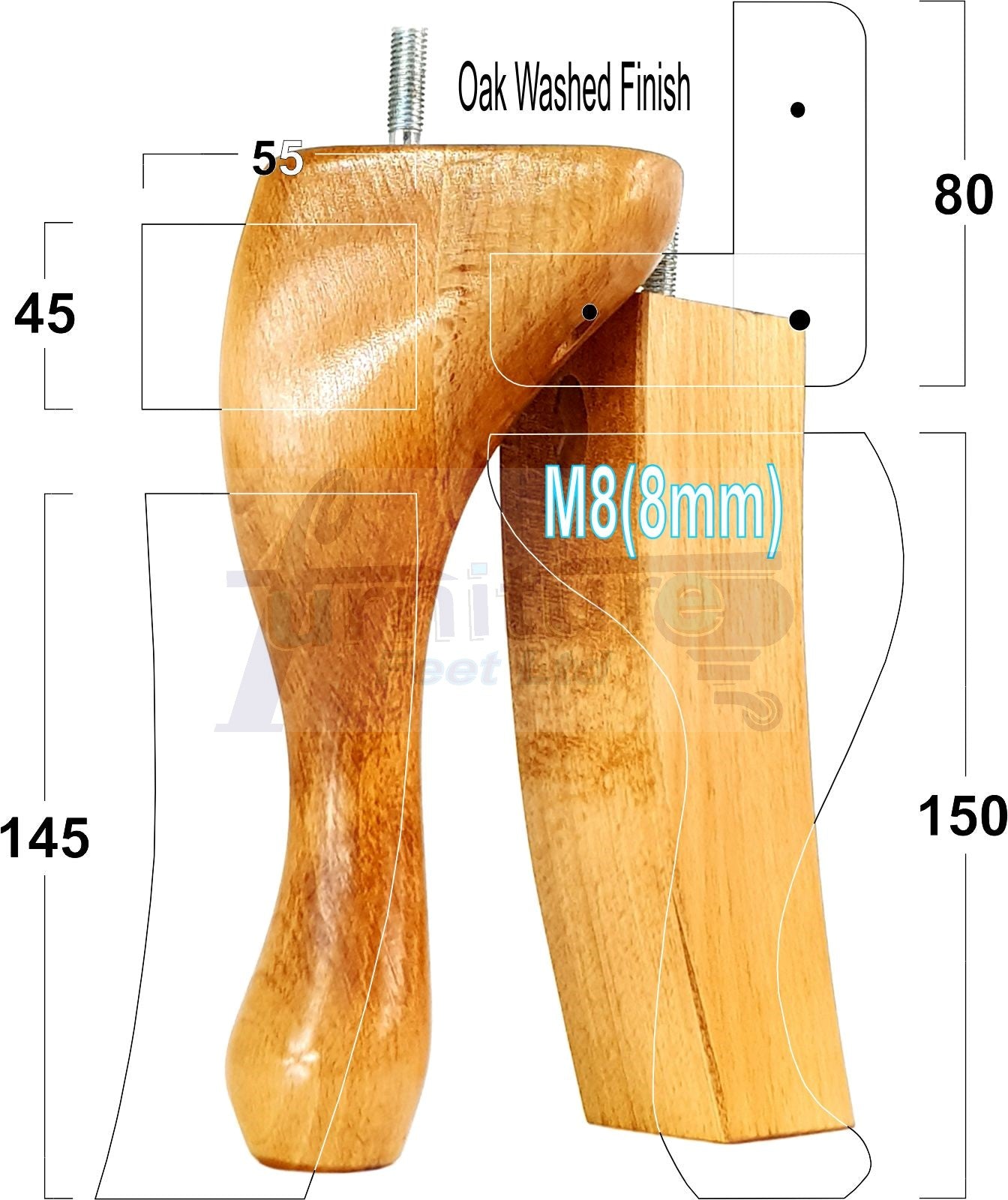 2x Vintage Queen Anne Replacement Furniture Legs & 2x Curved Back Feet 150mm 6 Inch High 8mm Thread