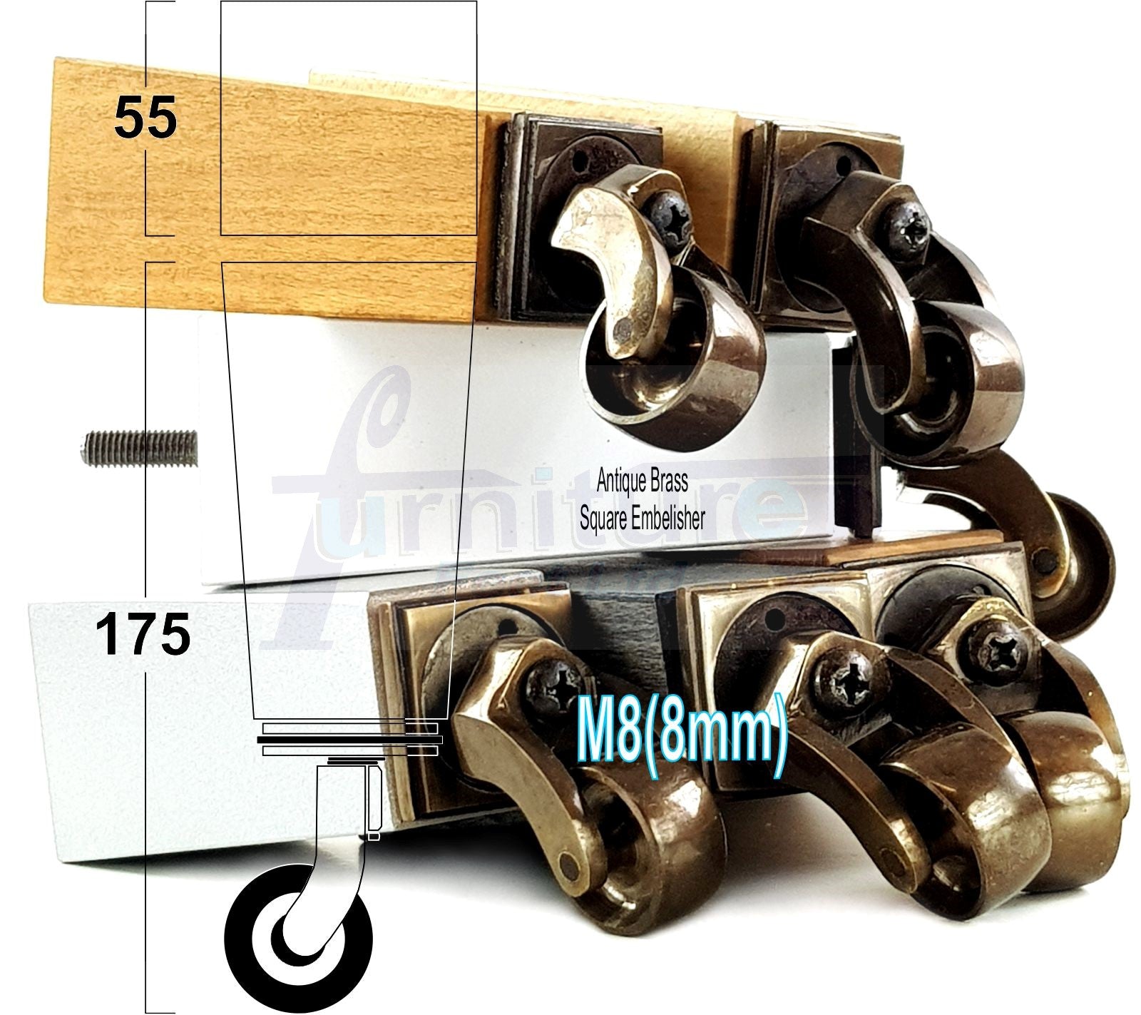 4x Solid Wood Furniture Legs Chair Sofa Bed Replacement Feet 175mm High With Antique Castors 8mm Thread