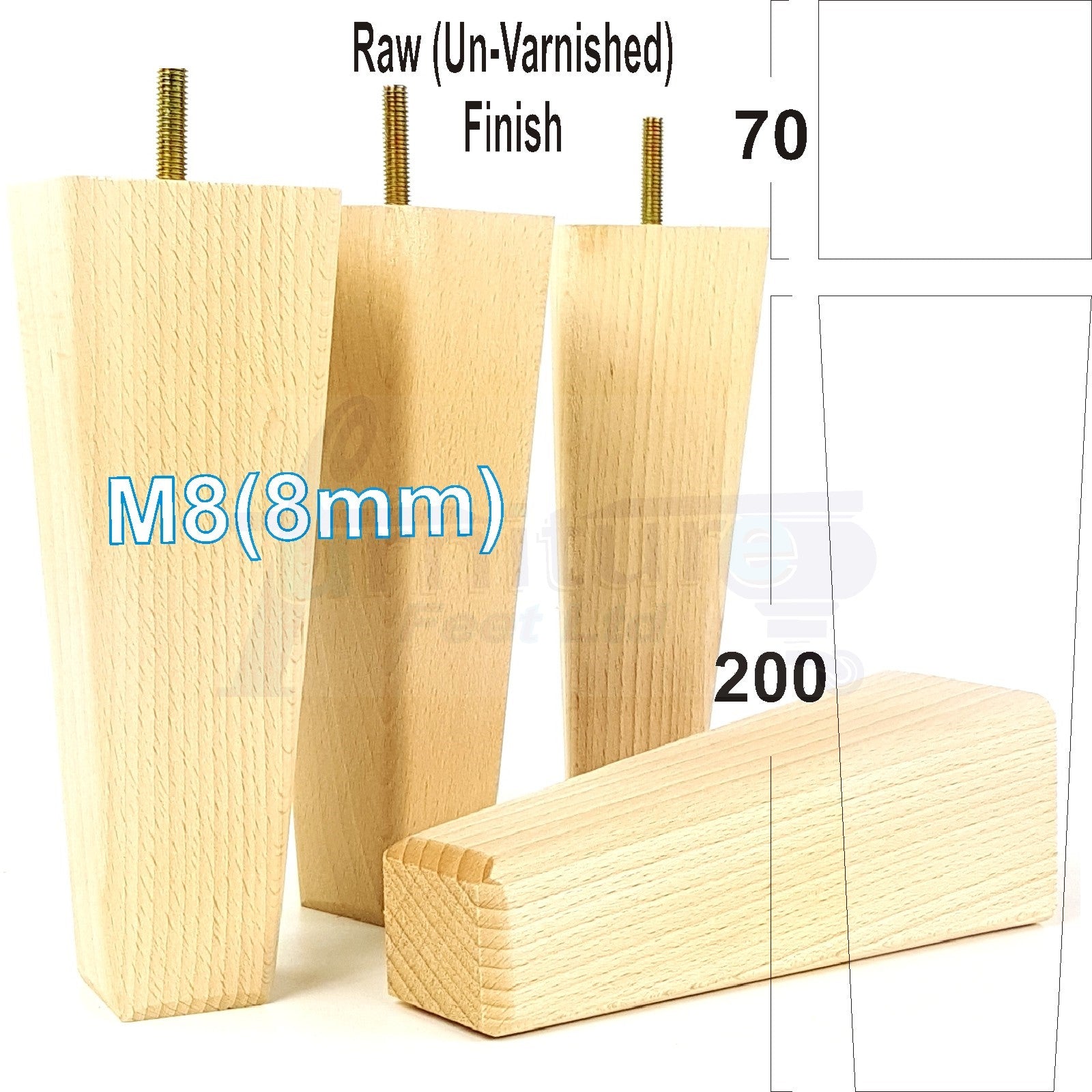 4x Wooden Furniture Legs 200mm High Replacement Square Tapered Feet 8mm