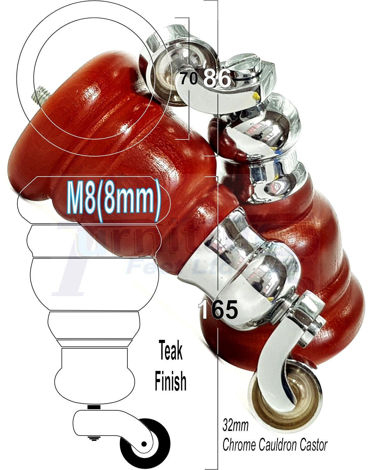 4 Turned Wood Furniture Feet With Chrome Cauldron Castors 155mm Legs Sofas Chairs Stools Cabinets Beds M8 6 Inches